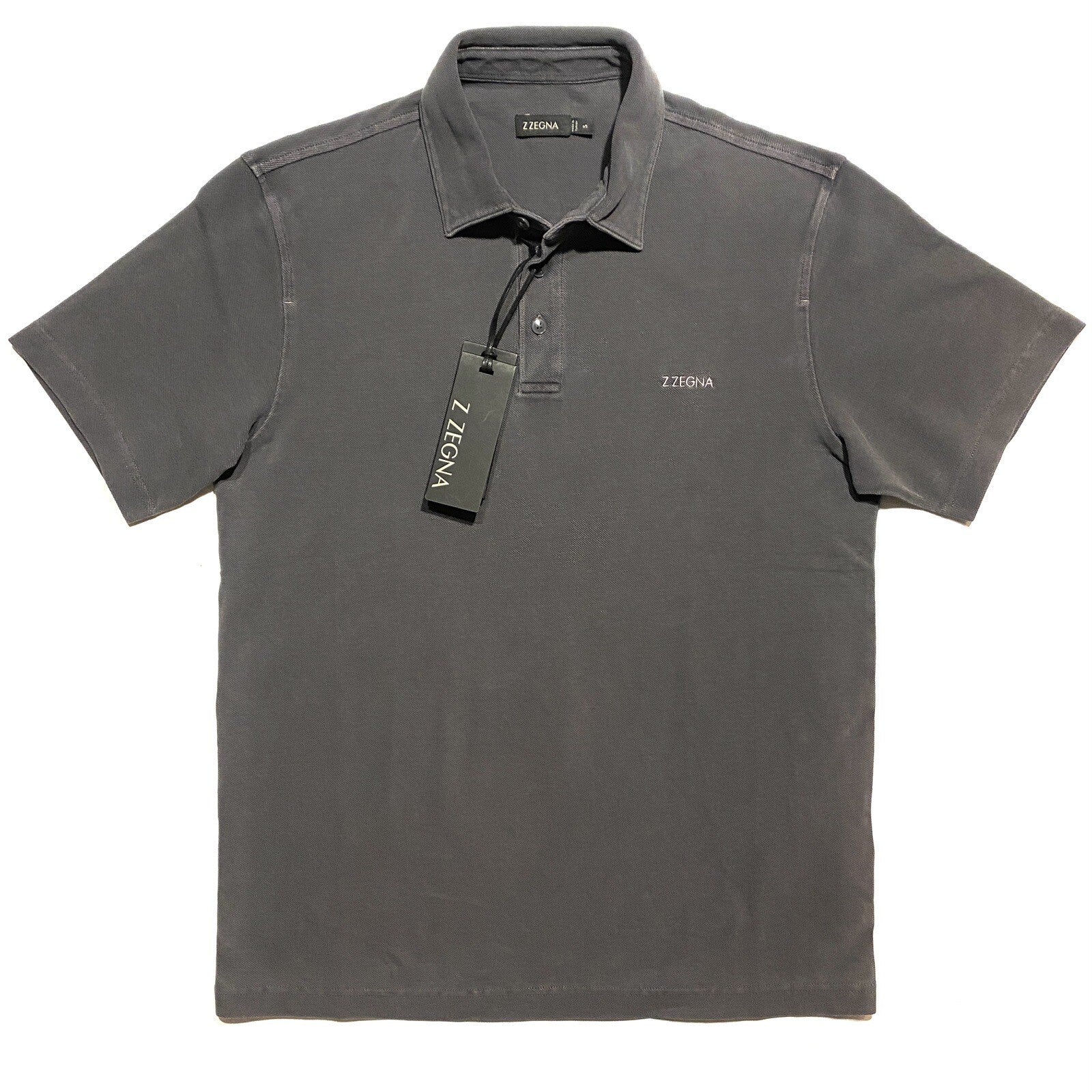 Z ZEGNA Mens Garment Dyed Logo Short Sleeve Pique Polo Shirt Grey