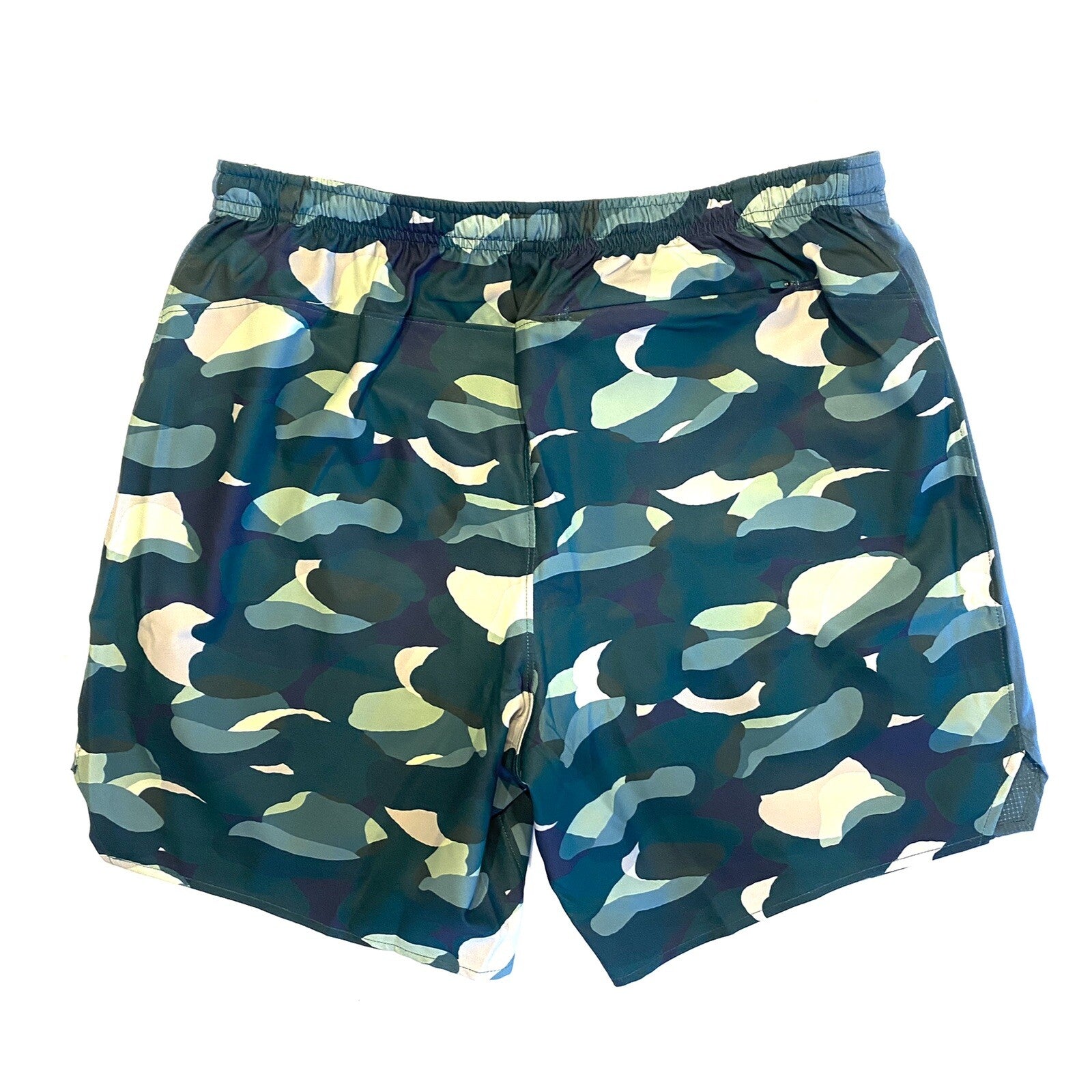 OUTDOOR VOICES Mens High Stride 7in Run Gym Shorts Jasper Camo Green (MSRP $70)
