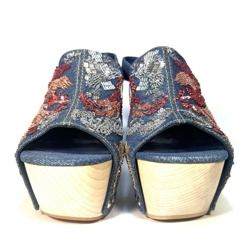 ALEXANDER MCQUEEN Womens Floral Beaded Denim Clog Mule Sandals 36 (MSRP $3,360)