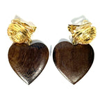 REBECCA DE RAVENEL Mini Cora Wood Heart Earrings Gold Clip Back (MSRP $215)