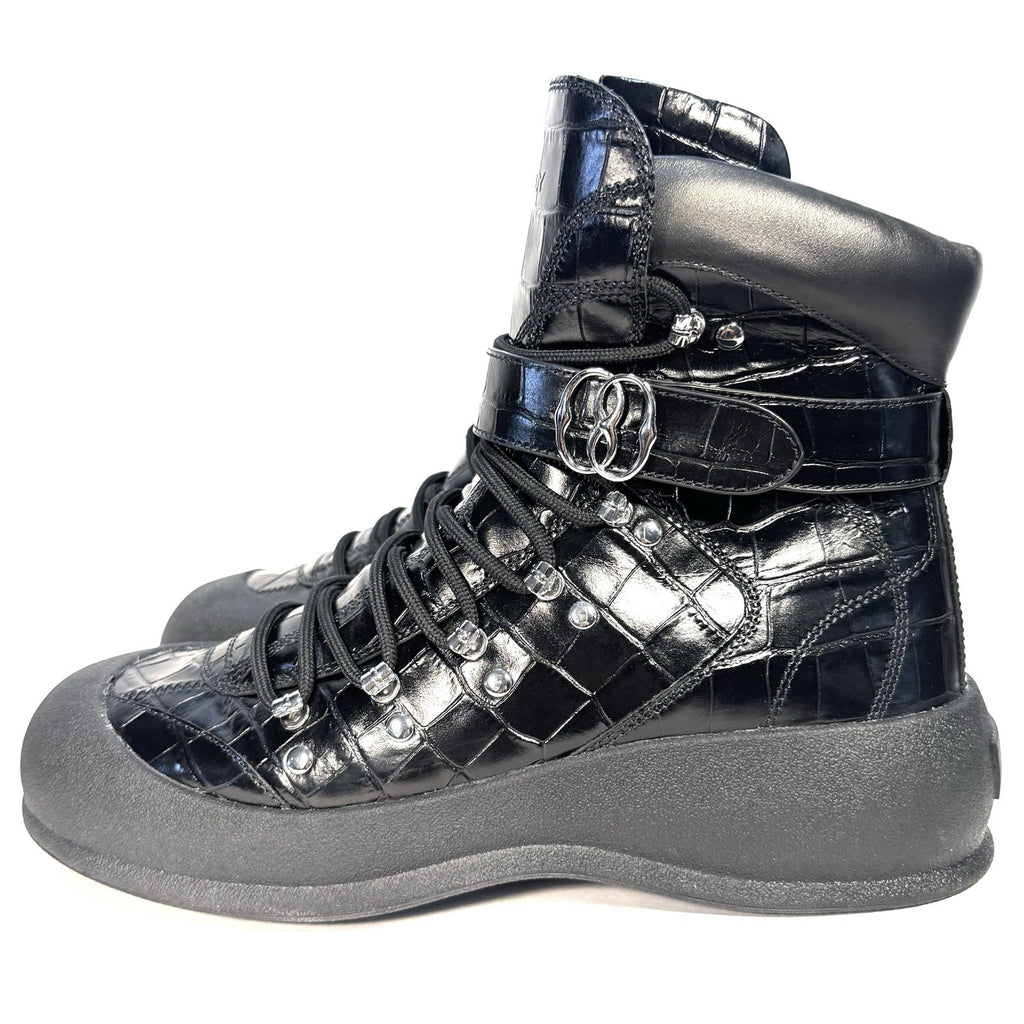 BALLY Mens Clyff Lamb Fur Lined Croc Embossed Leather Boots Black (MSRP $1,100)