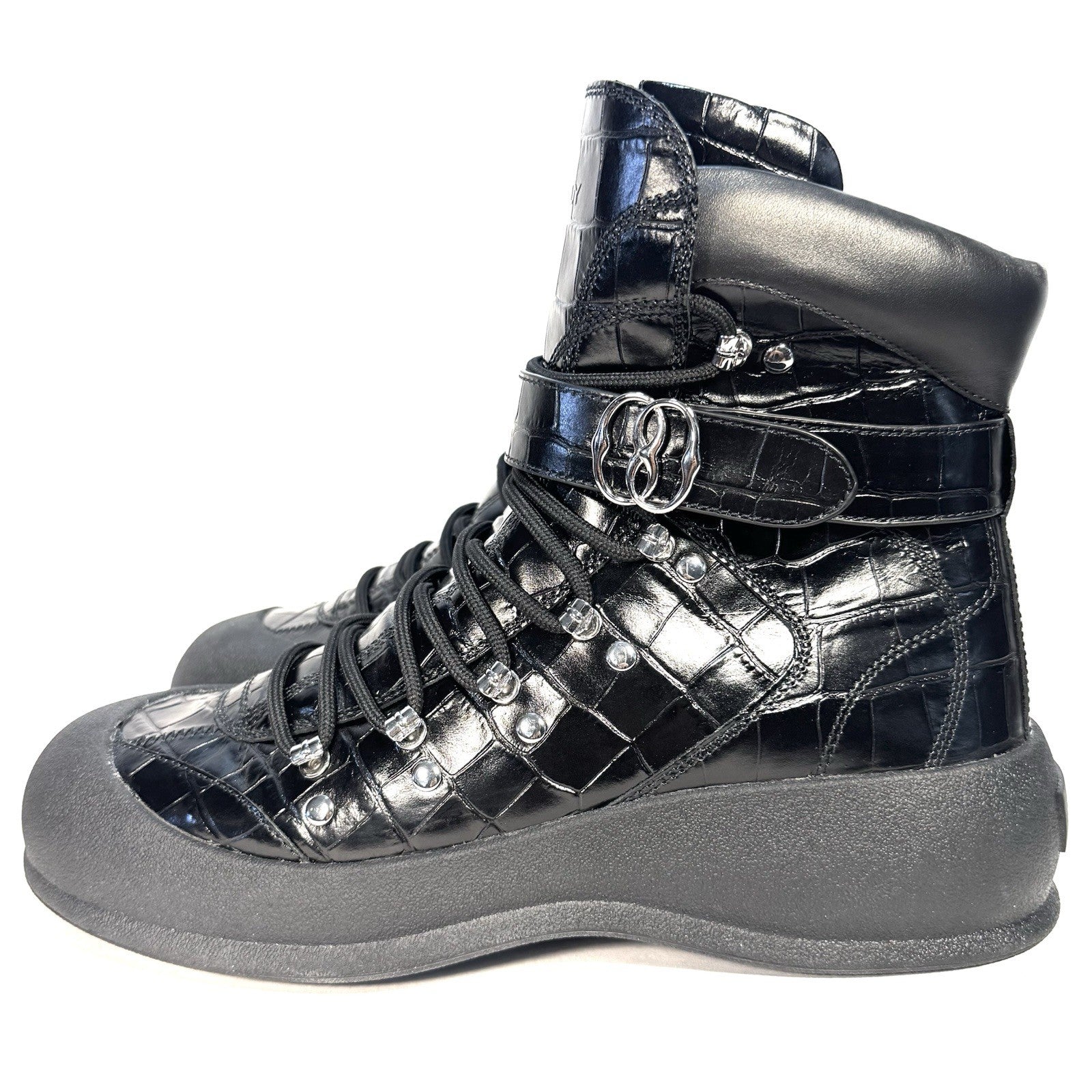 BALLY Mens Clyff Lamb Fur Lined Croc Embossed Leather Boots Black (MSRP $1,100)