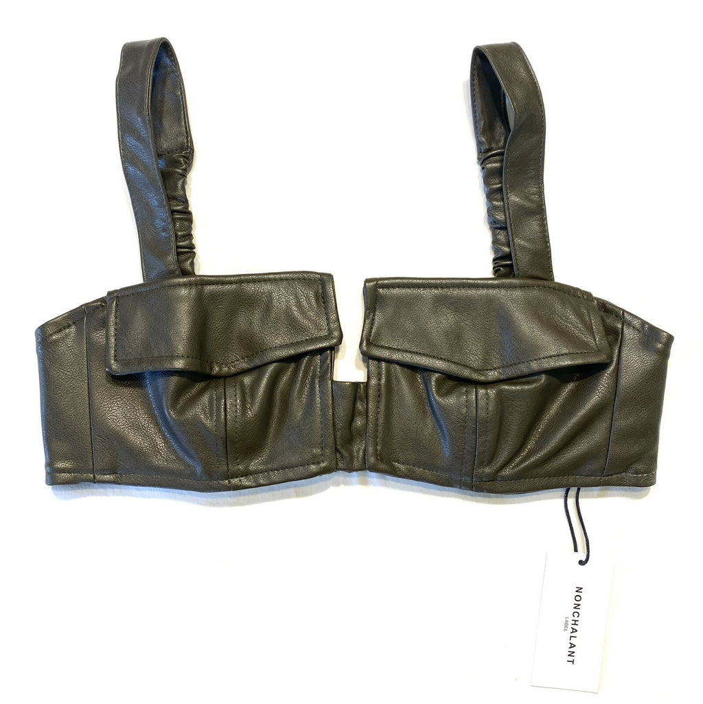 NONCHALANT Womens Ciara Faux Leather Bralette Pocket Top Army Green (MSRP $196)