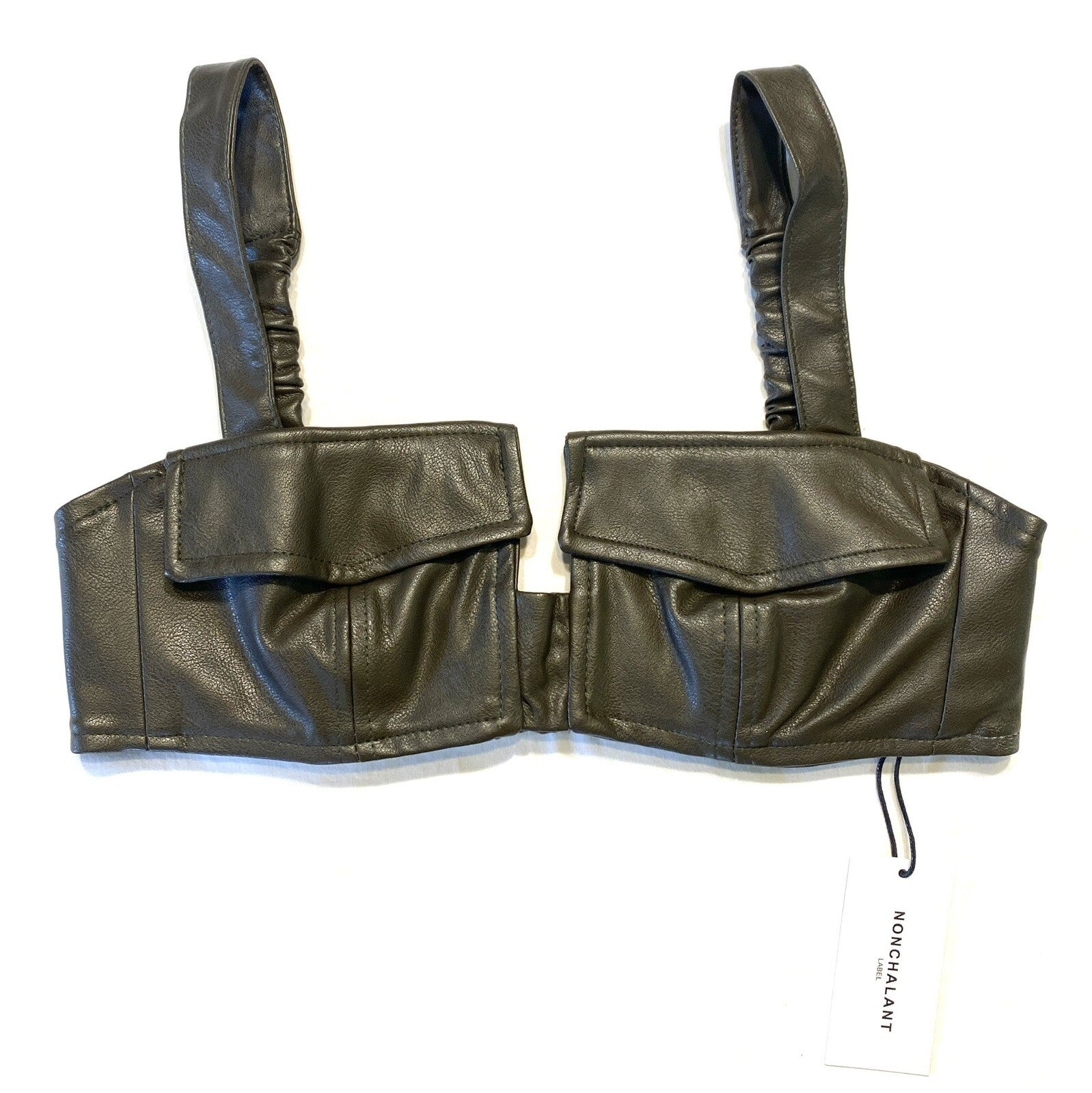 NONCHALANT Womens Ciara Faux Leather Bralette Pocket Top Army Green (MSRP $196)