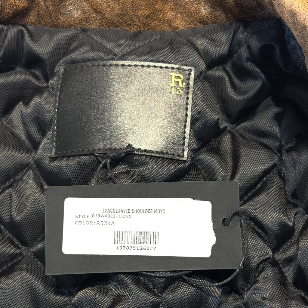 R13 Womens Exaggerated Shoulder Leather Motorcycle Jacket Brown (MSRP $1,995)