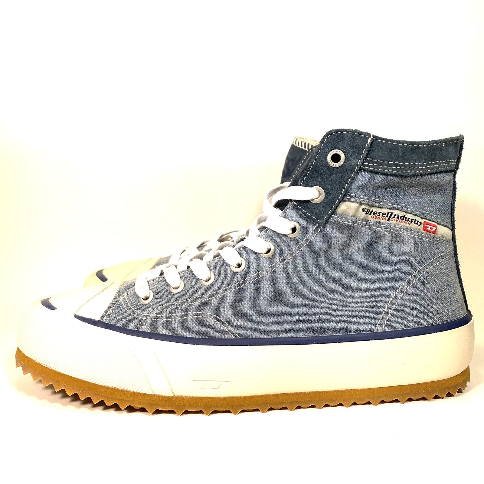 DIESEL Mens Principia Mid Top Denim Logo Sneakers Light Blue (MSRP $225)