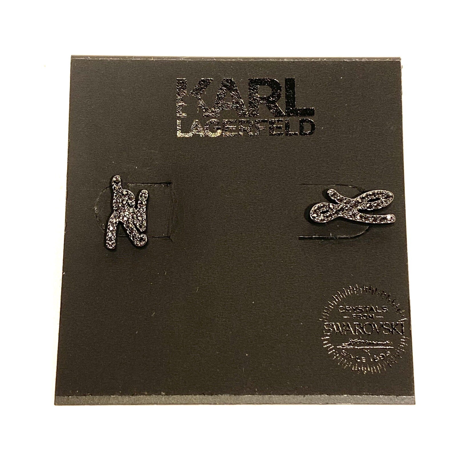 KARL LAGERFELD Swarovski KL Logo Script Post Earrings Black (MSRP $59)