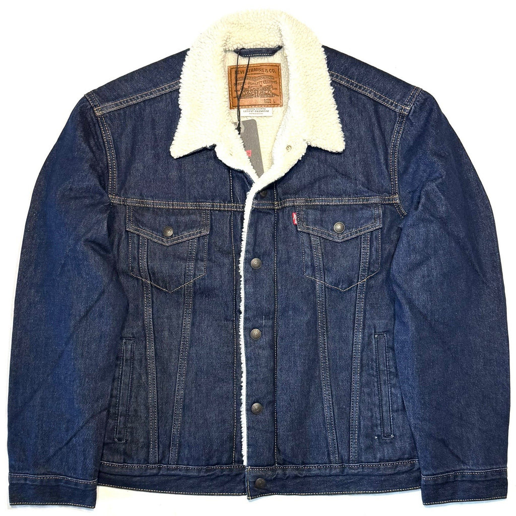 LEVIS Mens Premium Sherpa Jacket Denim Jean Trucker Jacket Dark Blue L