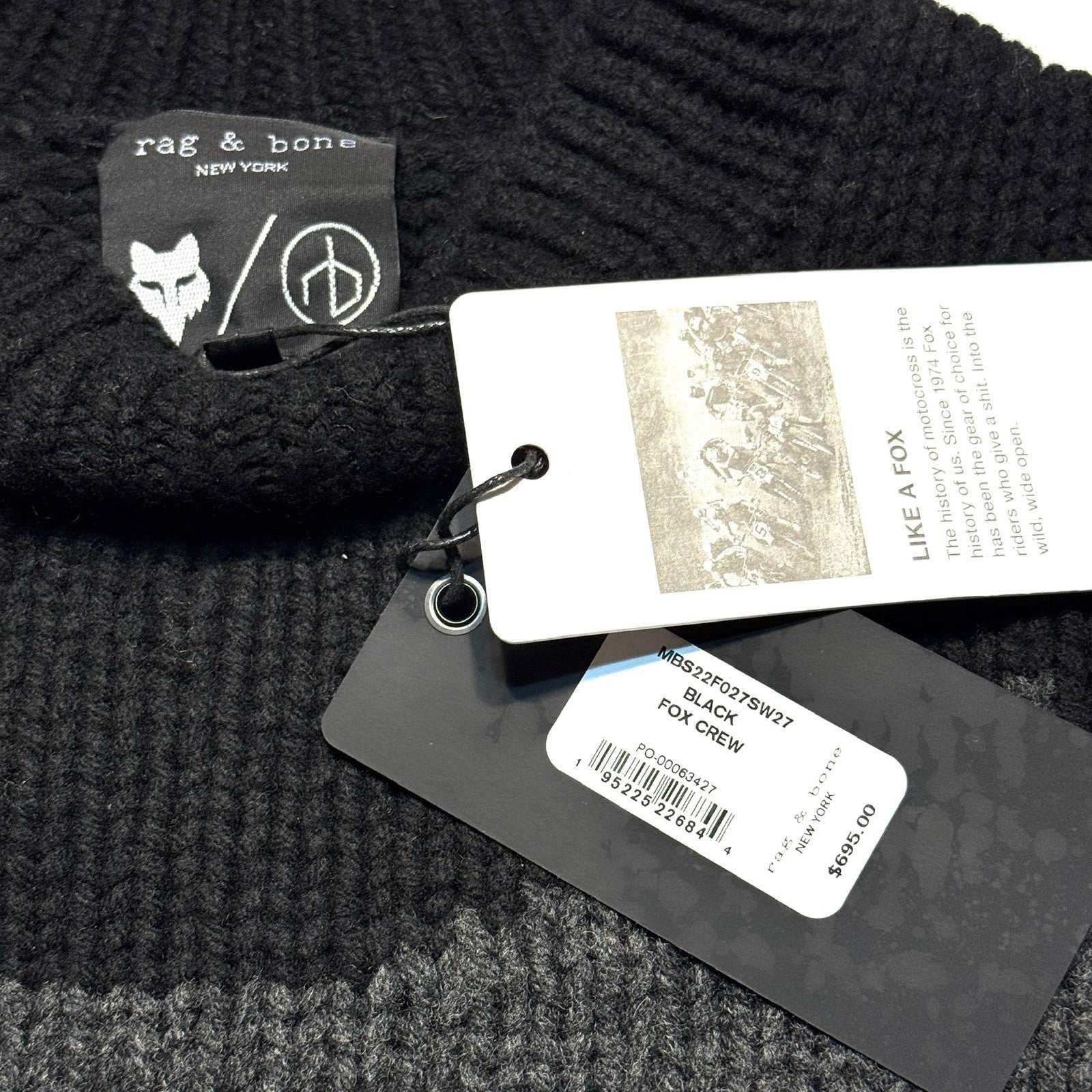 RAG & BONE x FOX Mens Logo Crewneck Wool Knit Sweater Black (MSRP $695)