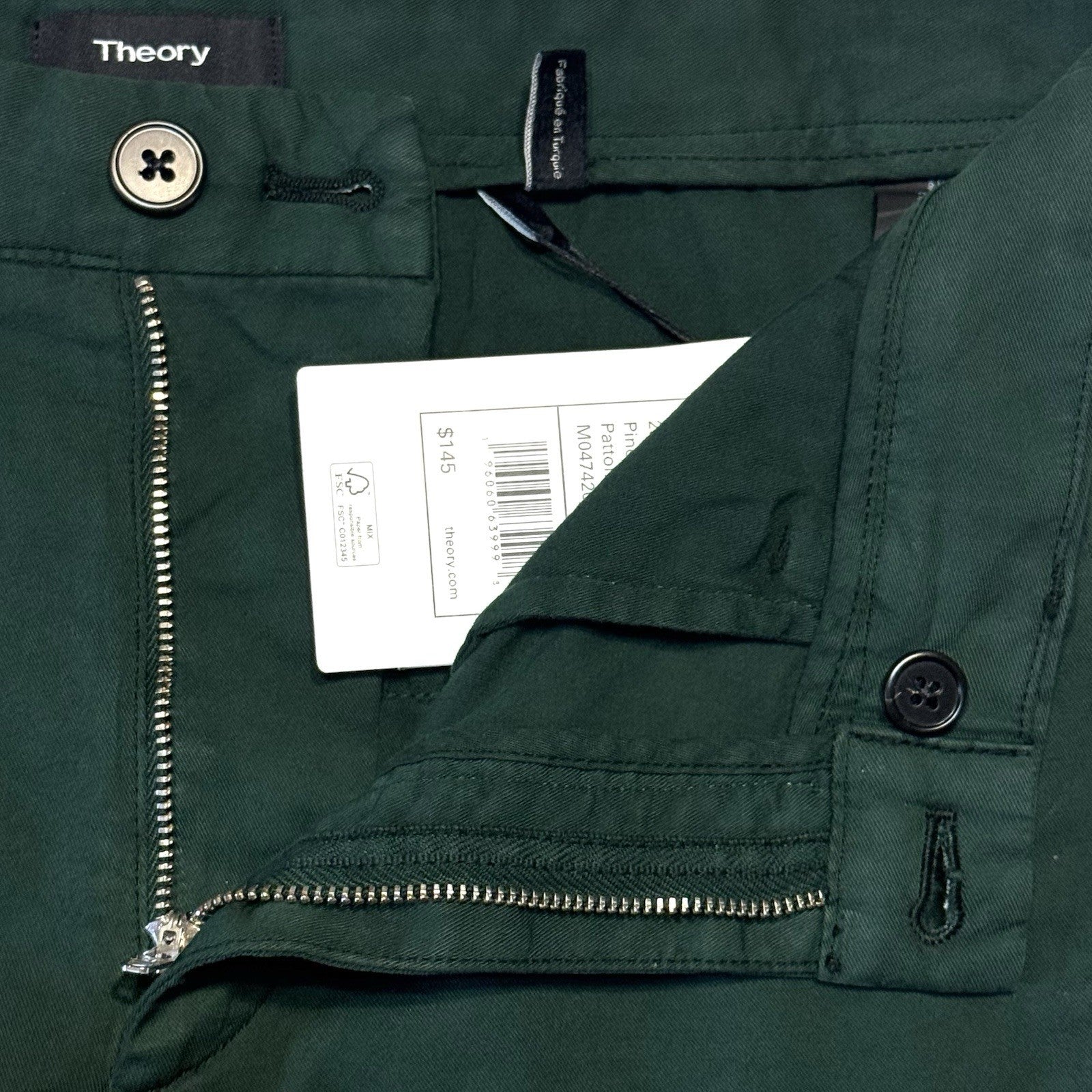 THEORY Mens Zaine 7in Stretch Cotton Chino Shorts Pine Green (MSRP $145)