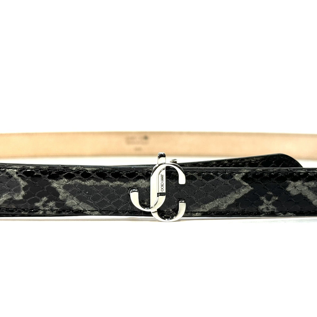 JIMMY CHOO Womens Mini Helina Snakeskin Embossed Logo Slim Belt Black -MSRP $450