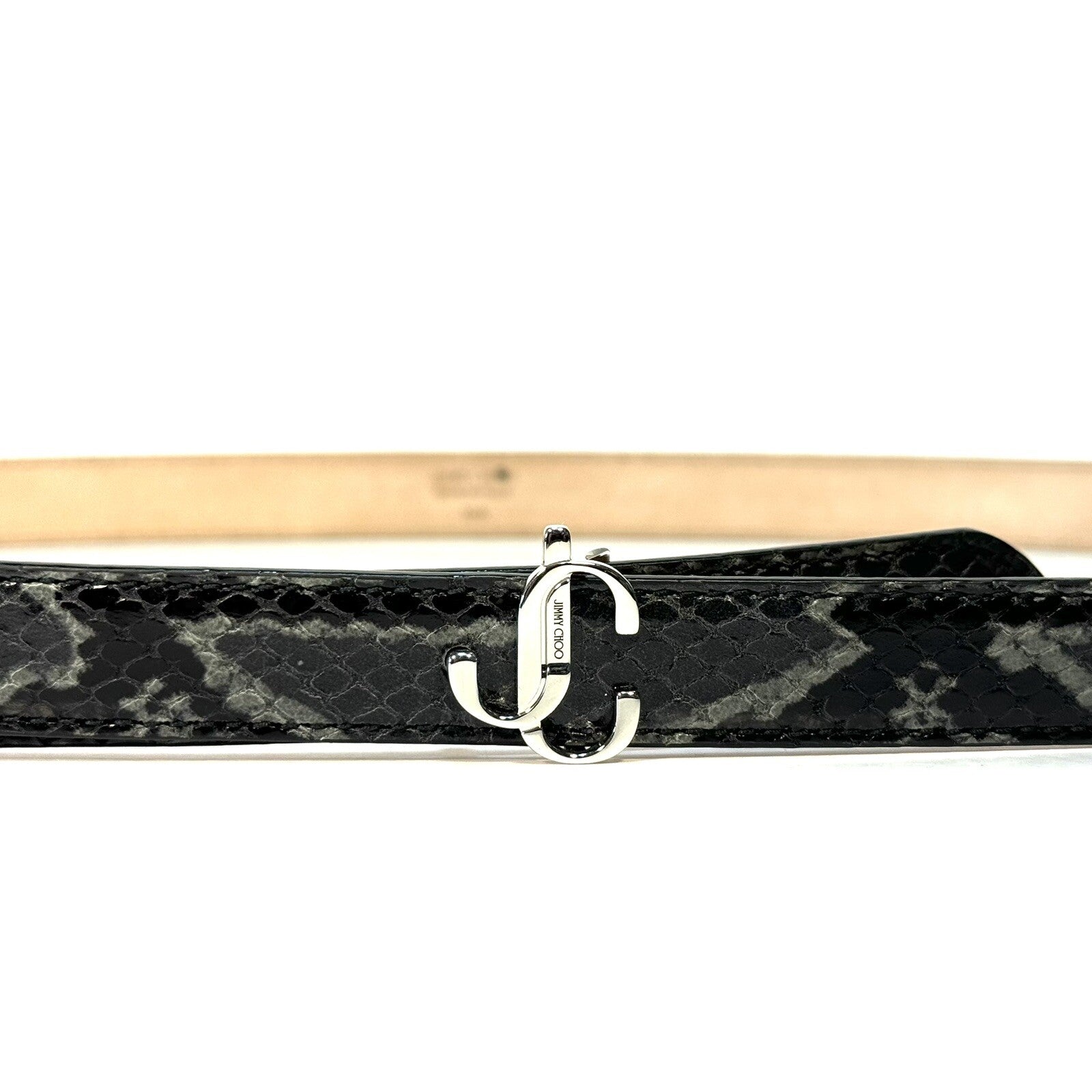 JIMMY CHOO Womens Mini Helina Snakeskin Embossed Logo Slim Belt Black -MSRP $450