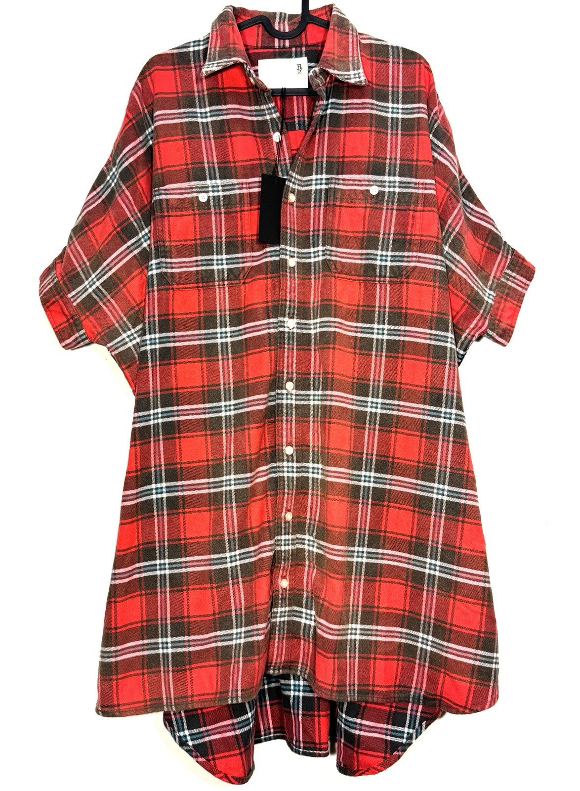 R13 Womens Plaid Oversized Boxy Button Front Flannel Shirtdress Red (MSRP $450)
