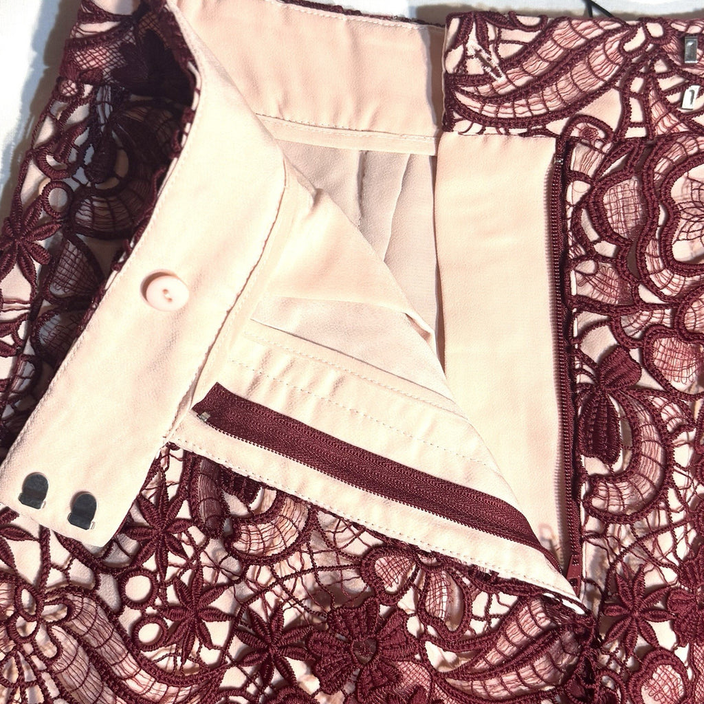 REISS Womens Flo Floral Lace Lined Pencil Skirt Burgundy Red (MSRP $320)