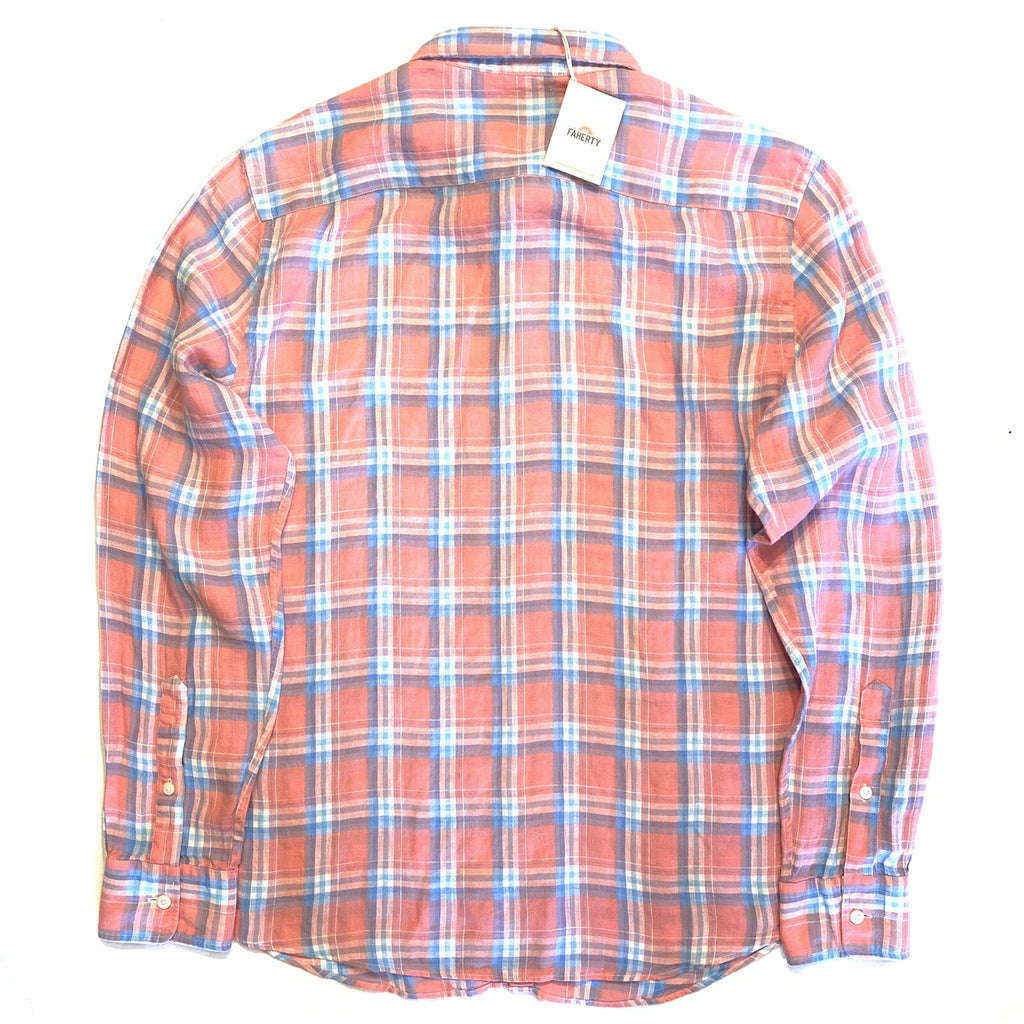 FAHERTY Mens Linen AMK Plaid Check Button Shirt Coral Pink (MSRP $168)