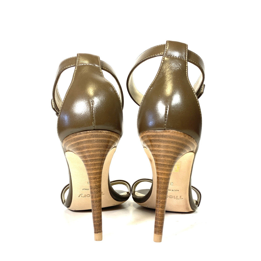 THEORY Womens Demeura Nappa Leather High Heel Sandals Army Olive (MSRP $355)