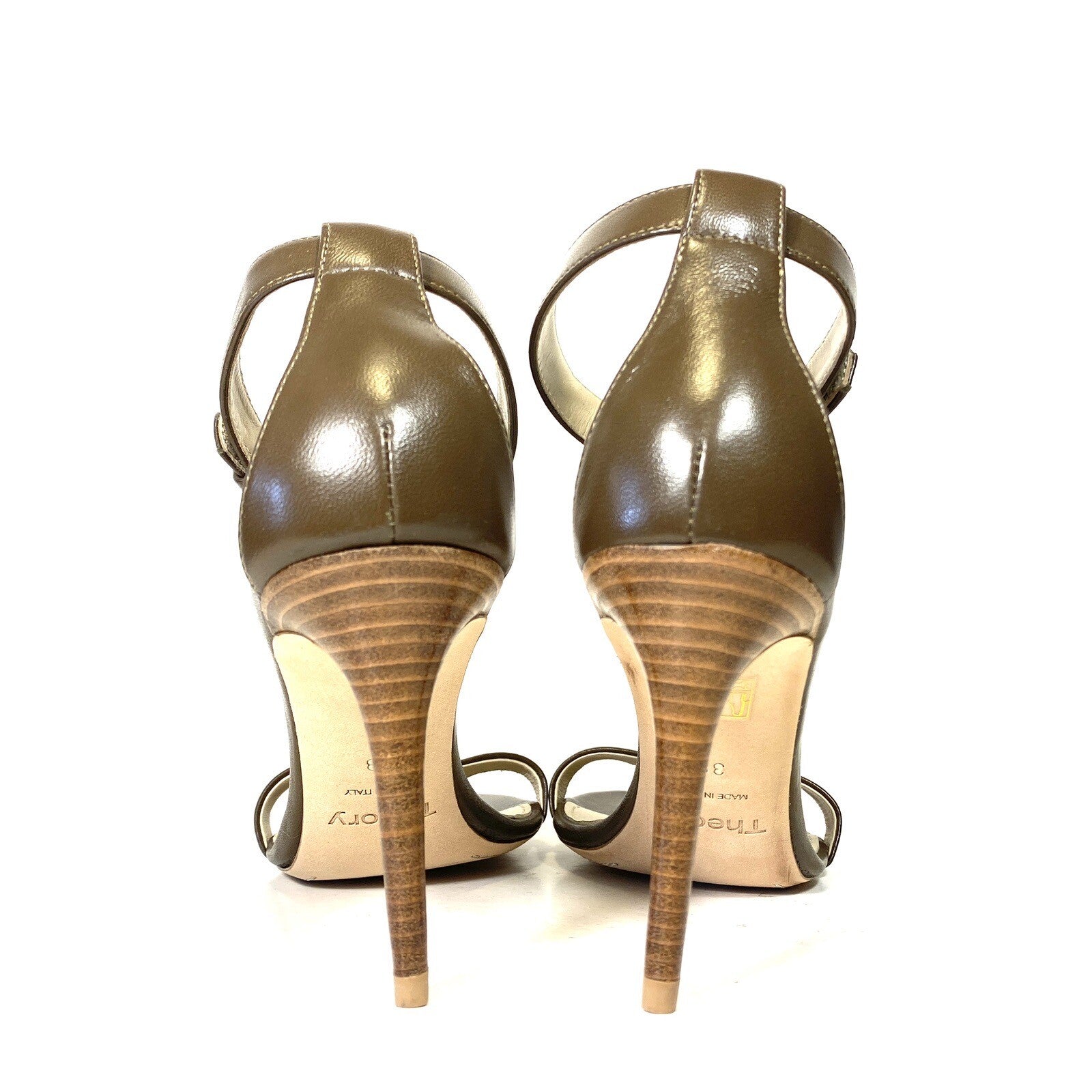 THEORY Womens Demeura Nappa Leather High Heel Sandals Army Olive (MSRP $355)