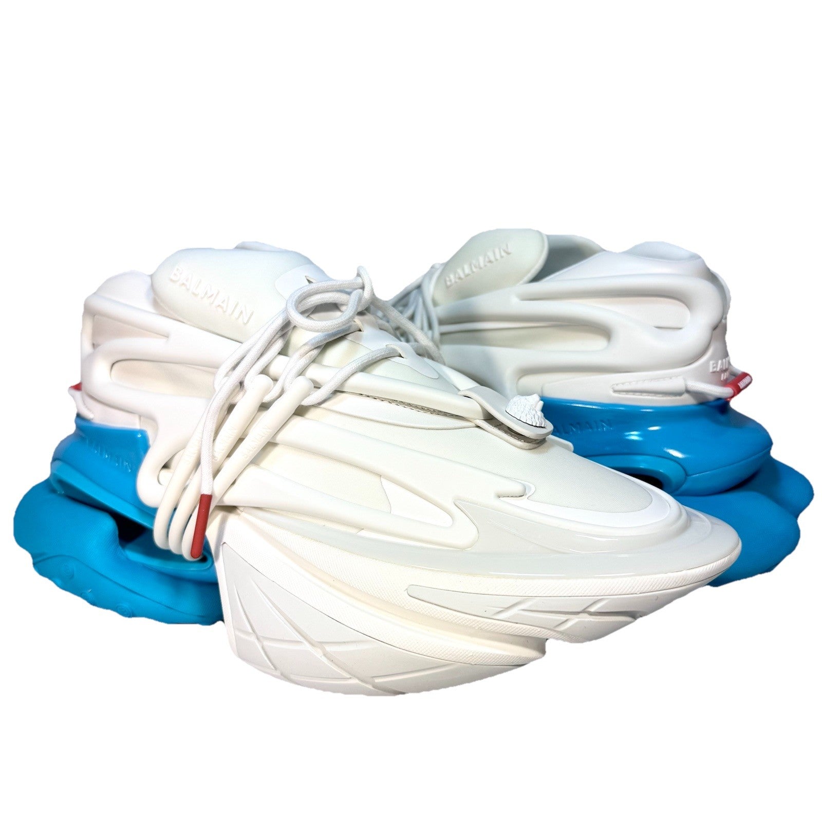 BALMAIN Mens Unicorn Neoprene Leather Low Top Sneakers Blue White (MSRP $1,195)