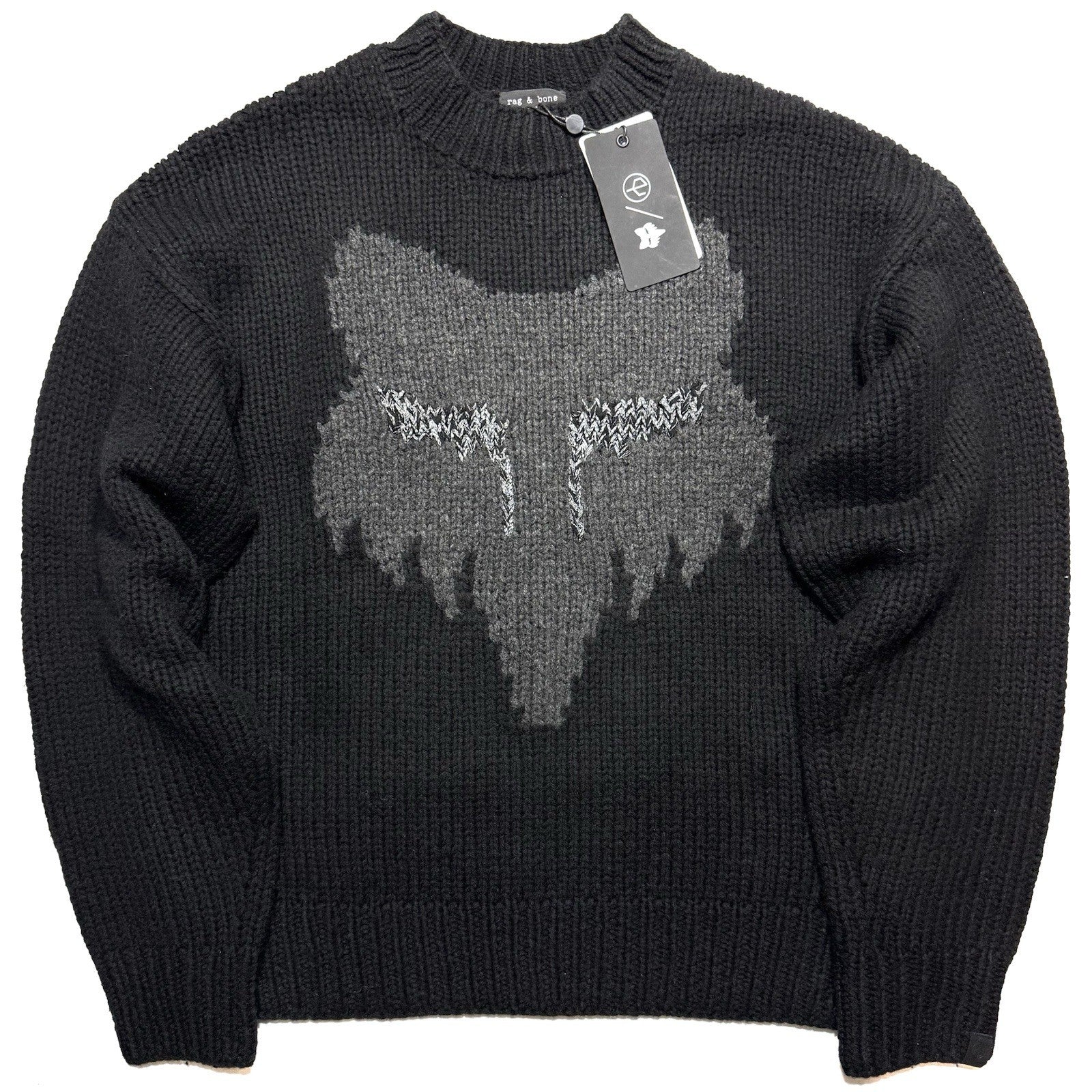 RAG & BONE x FOX Mens Logo Crewneck Wool Knit Sweater Black (MSRP $695)