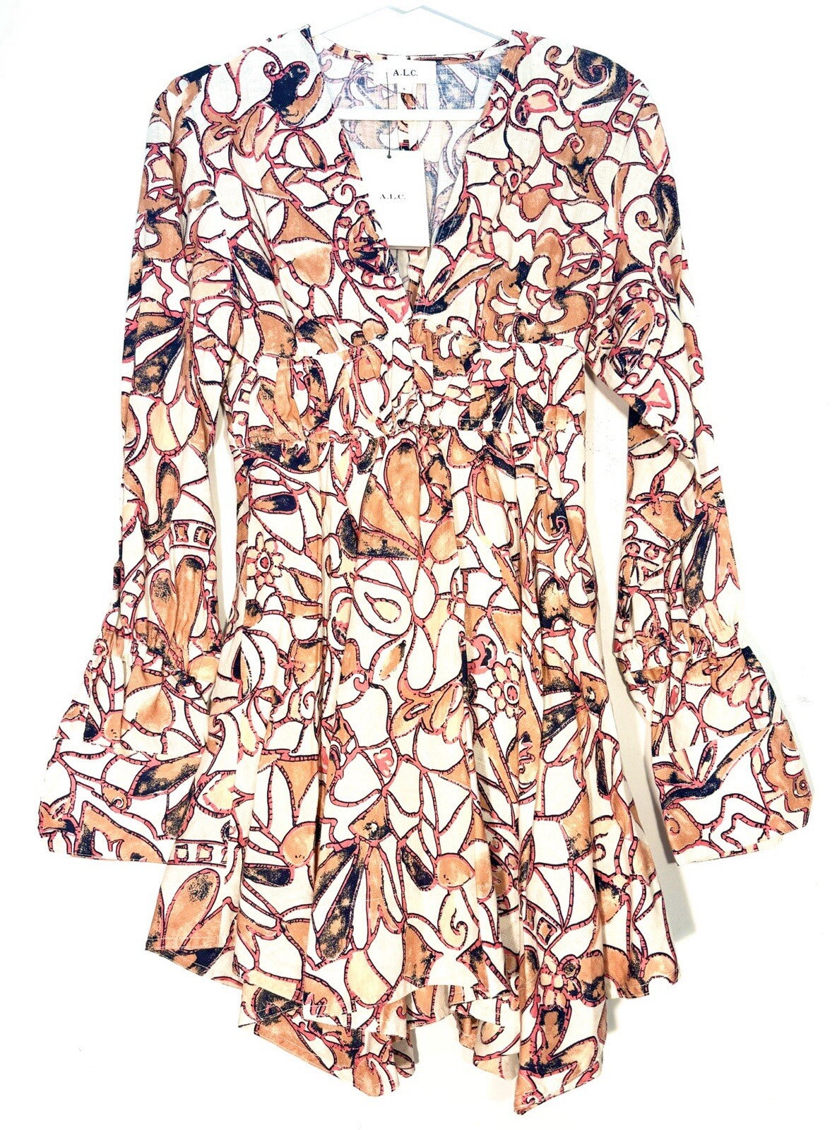 A.L.C. Salina Floral Linen Long Sleeve Mini Dress White Orange (MSRP $495)