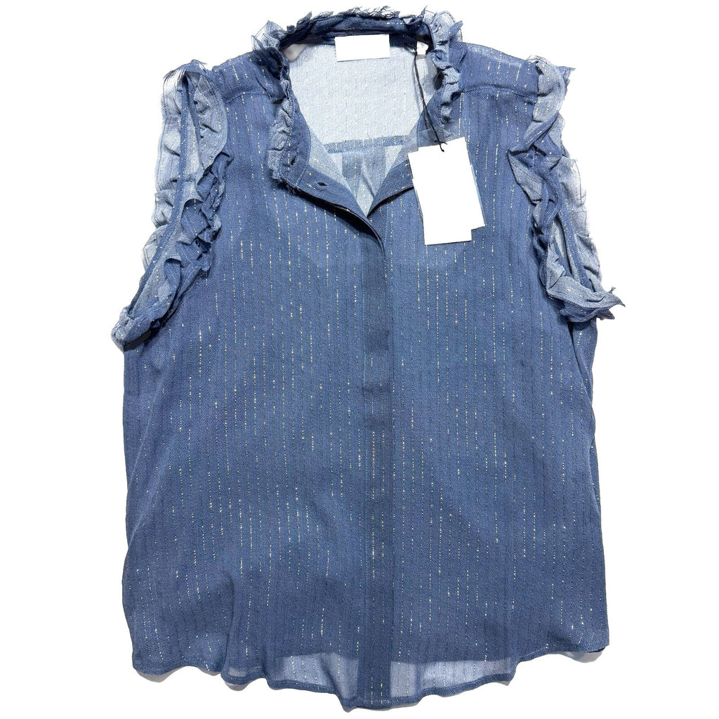 7 FOR ALL MANKIND Silk Sleeveless Sheer Button Down Blouse Top Blue (MSRP $228)