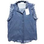 7 FOR ALL MANKIND Silk Sleeveless Sheer Button Down Blouse Top Blue (MSRP $228)