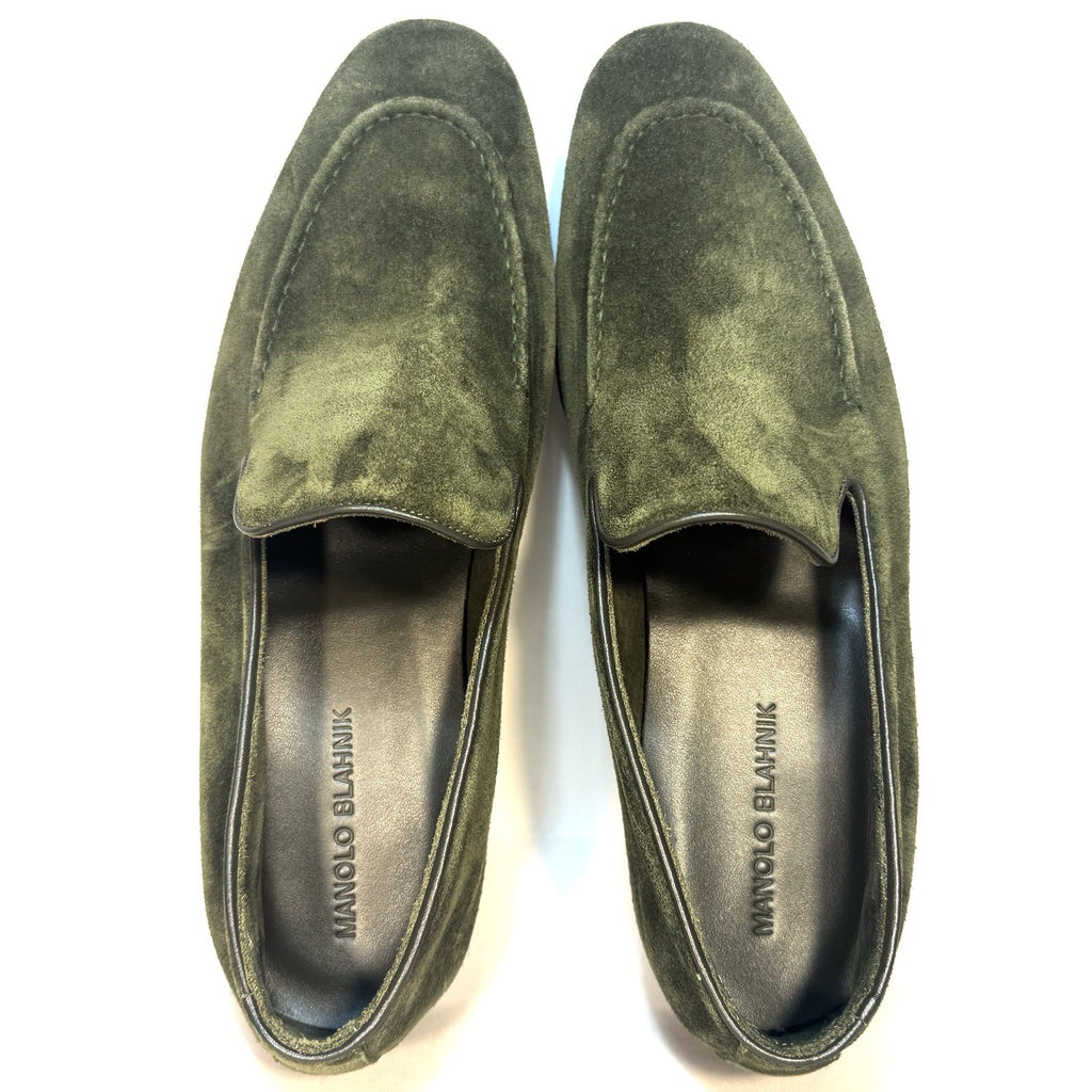 MANOLO BLAHNIK Mens Truro Suede Slip On Loafers Dark Khaki Green 9 (MSRP $995)