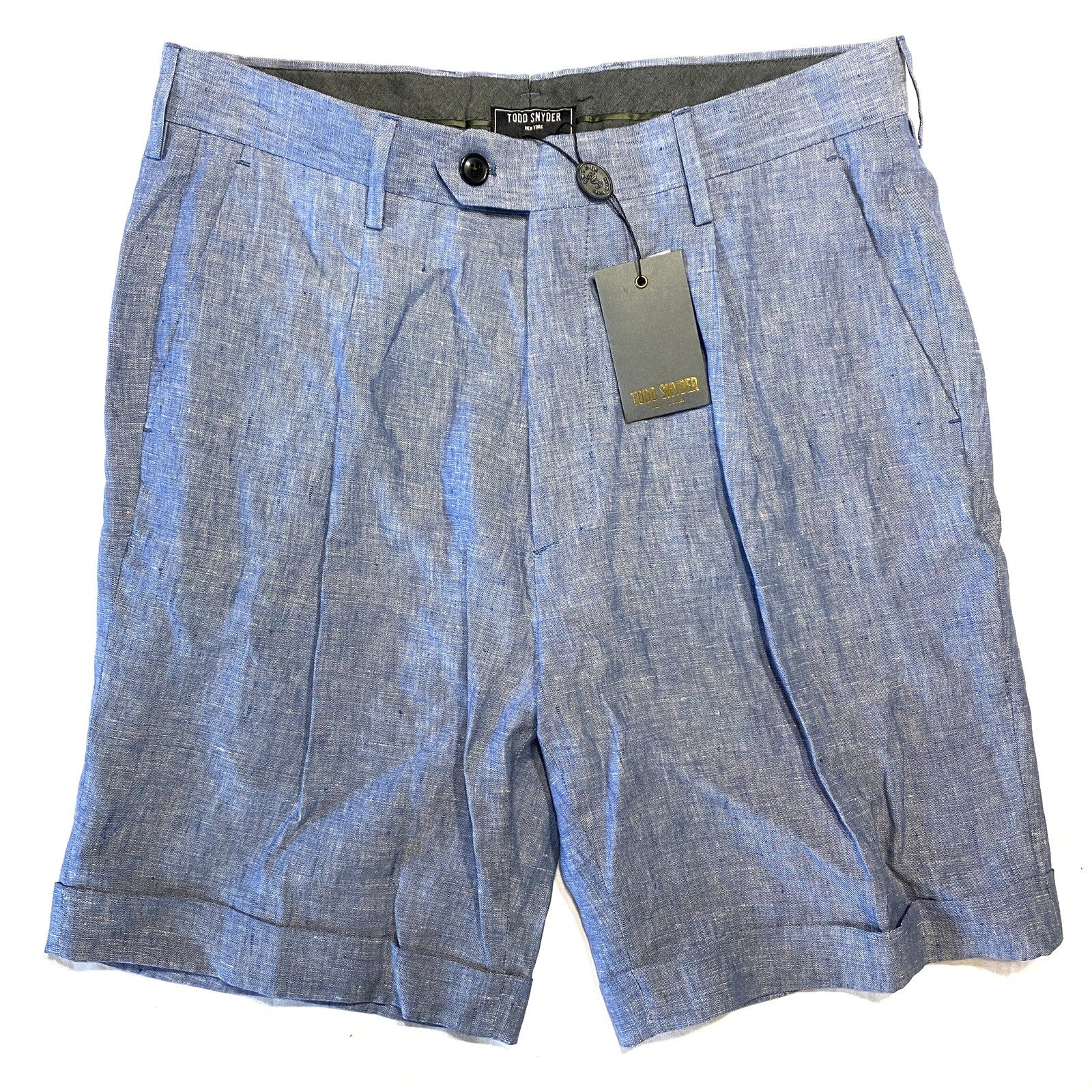 TODD SNYDER Mens Linen Chambray Madison Cuff Shorts Light Blue (MSRP $178)