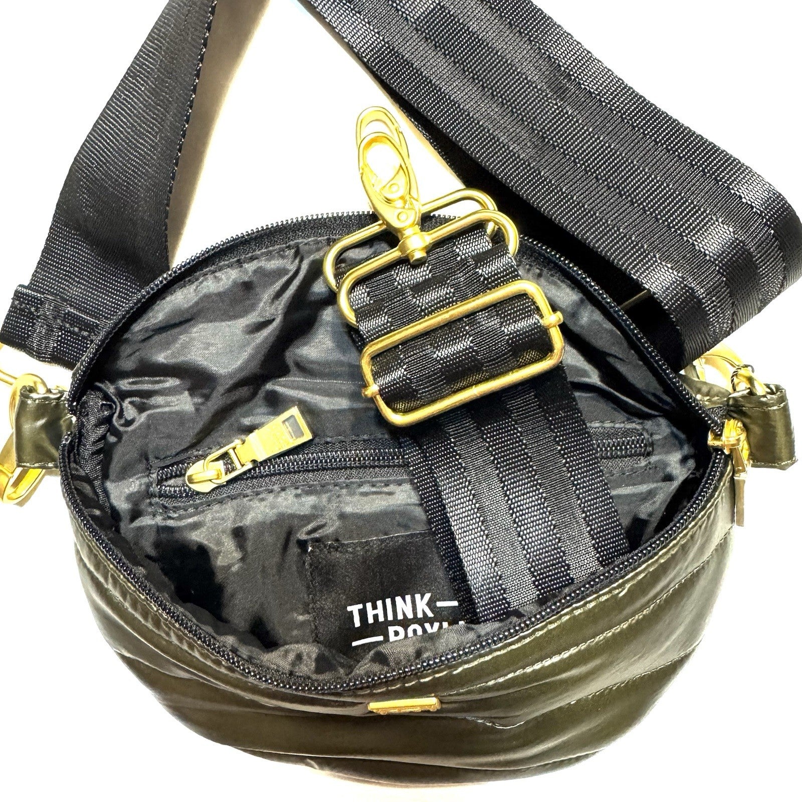 THINK ROYLN Shining Star Crossbody Waist Bag Shiny Dark Olive Green (MSRP $108)