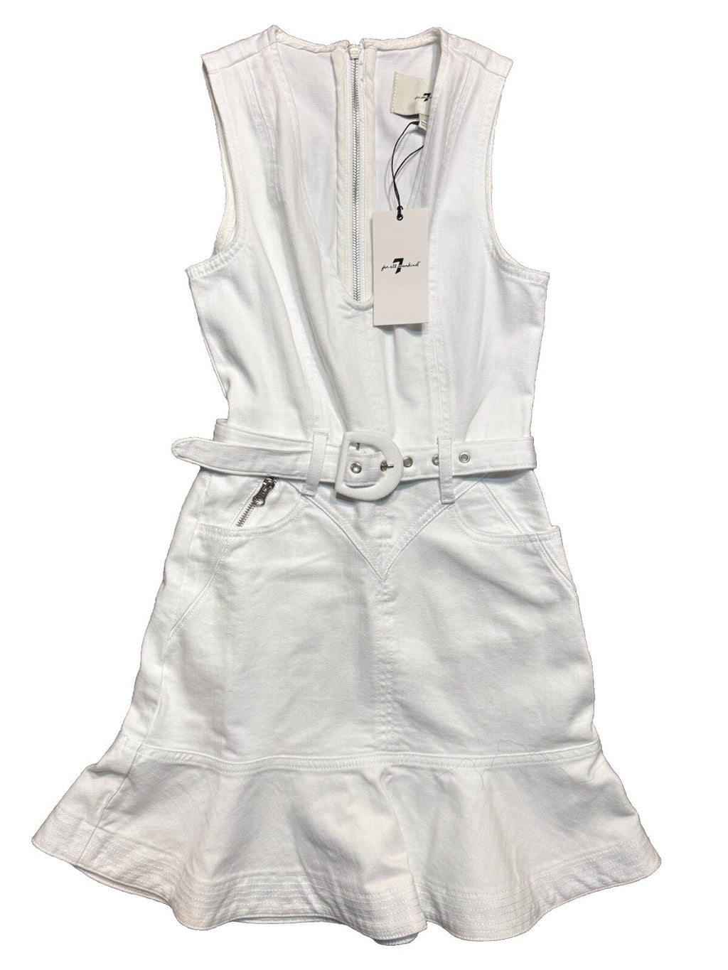 7 FOR ALL MANKIND Denim Jean Sleeveless Belted Mini Dress White XS (MSRP $258)