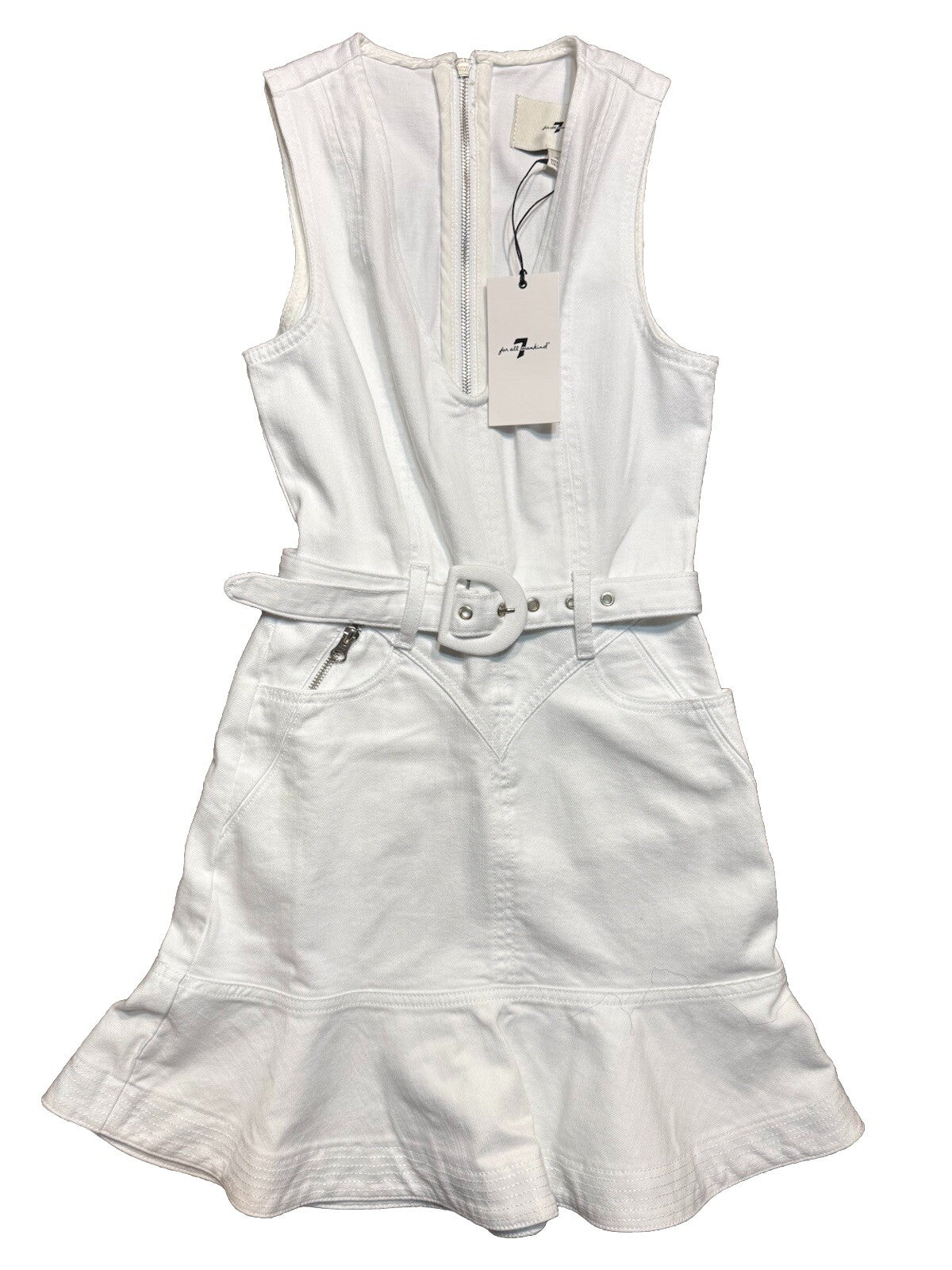 7 FOR ALL MANKIND Denim Jean Sleeveless Belted Mini Dress White XS (MSRP $258)