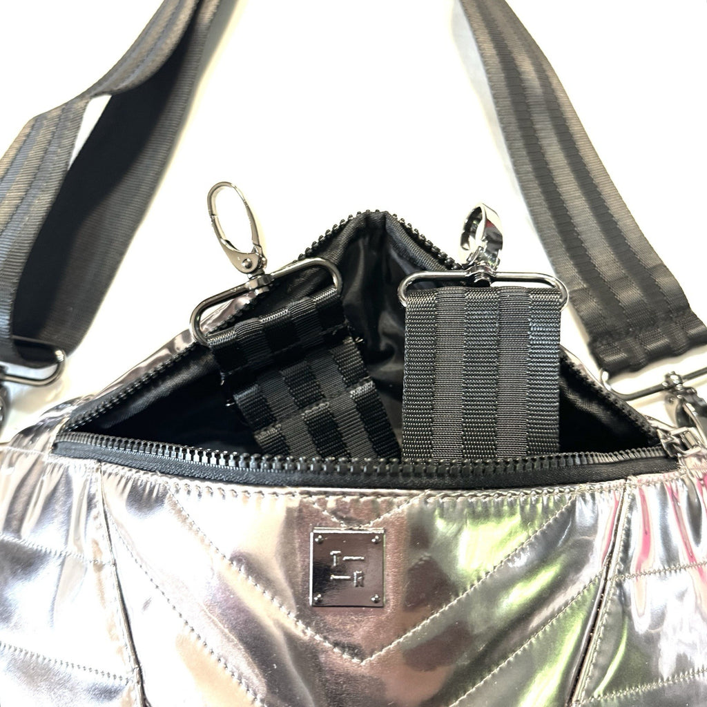 THINK ROYLN Little Runaway Sling Waist Bag Misty Metallic Mirror Grey -MSRP $128