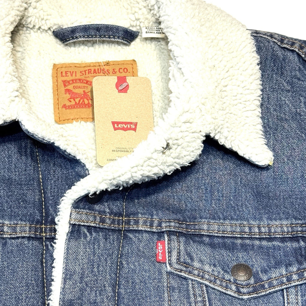 LEVIS Mens Recycled Sherpa Jacket Denim Jean Trucker Jacket Blue L