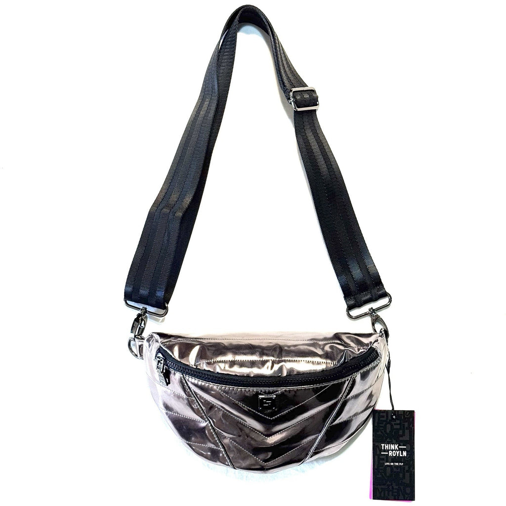 THINK ROYLN Little Runaway Sling Waist Bag Misty Metallic Mirror Grey -MSRP $128