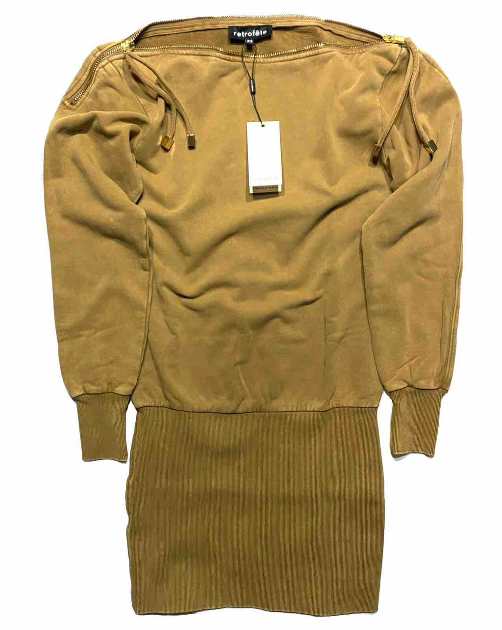 RETROFETE Darcy Zip Shoulder Sweatshirt Dress Light Brown XS (MSRP $365)