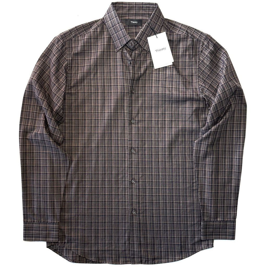 THEORY Mens Irving Flanella Check Button Down Shirt Fossil Brown XS (MSRP $225)