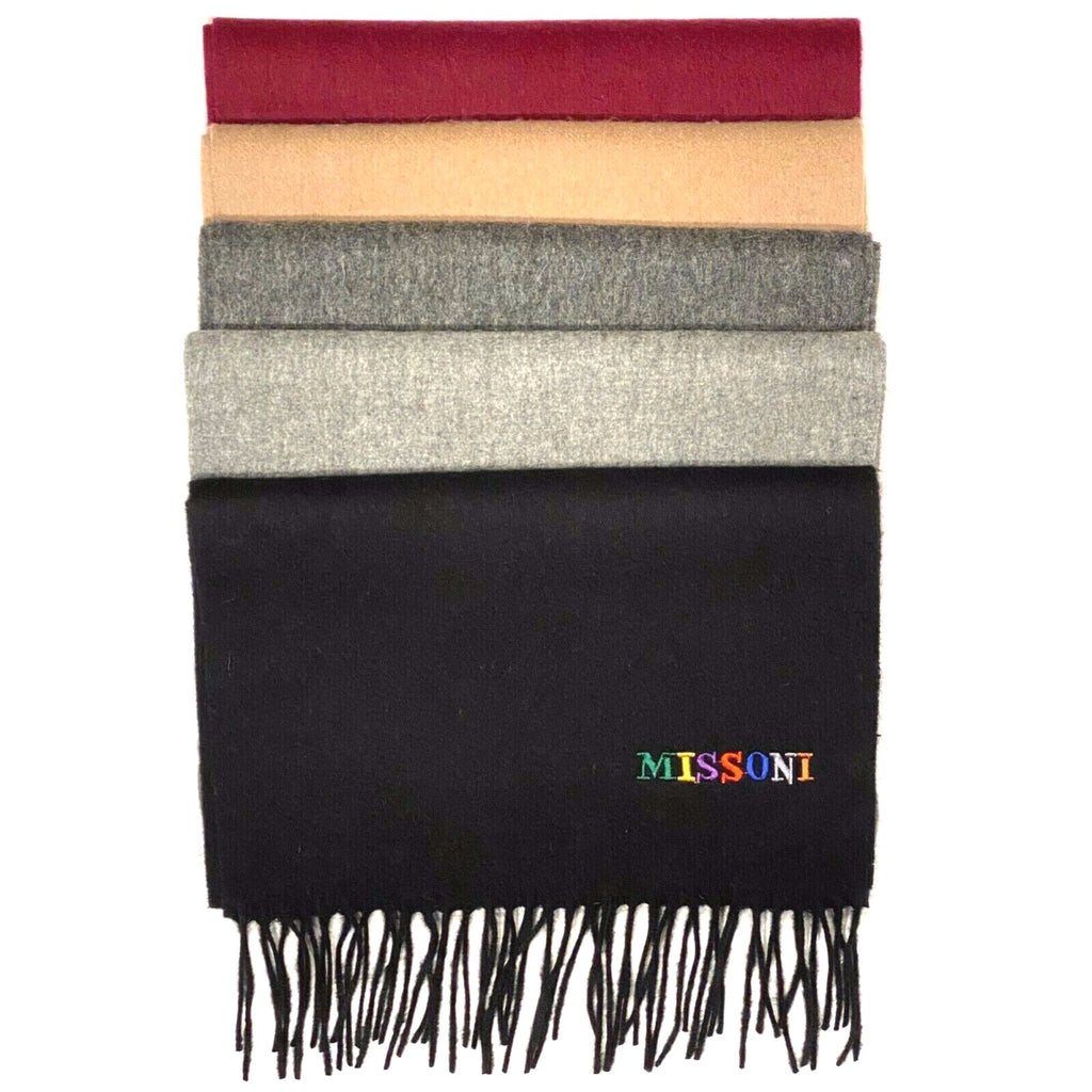 MISSONI Mens Womens Wool Fringe Scarf Multicolor Logo Black Gray Red