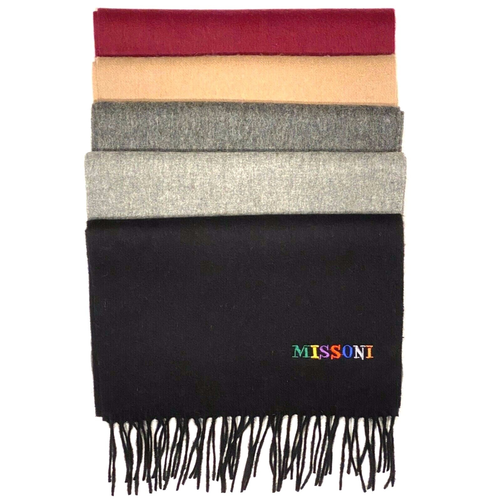 MISSONI Mens Womens Wool Fringe Scarf Multicolor Logo Black Gray Red