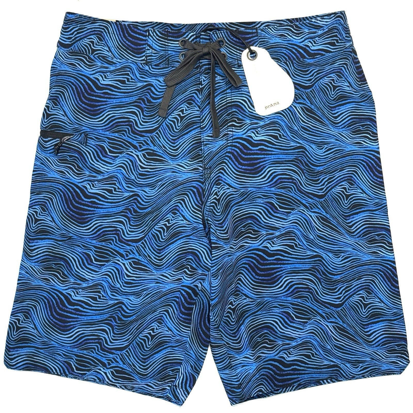 PRANA Mens 9in Fenton Board Shorts Swim Trunks Black Waves Blue (MSRP $65)