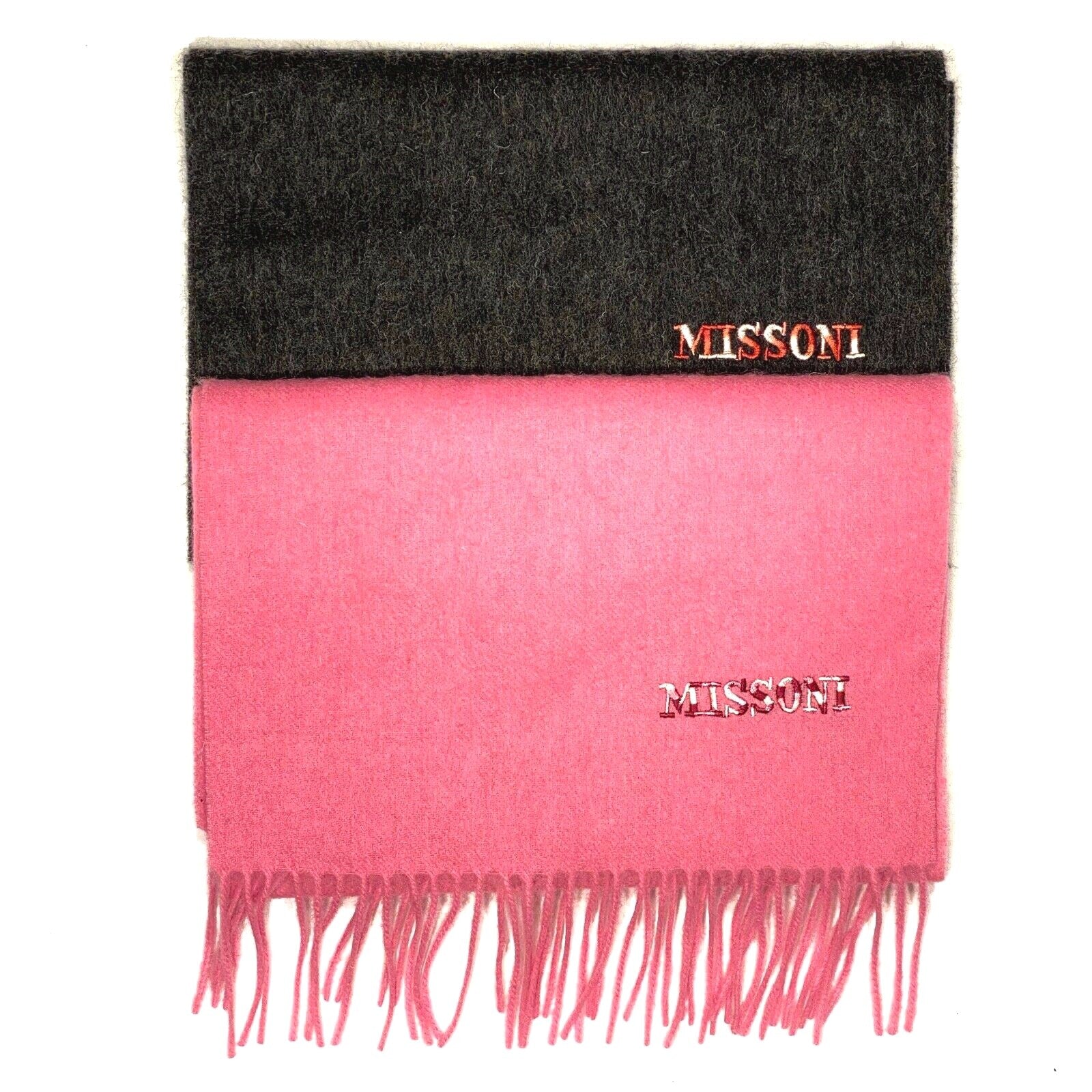 MISSONI Womens Wool Fringe Scarf Dark Logo Charcoal Gray Pink
