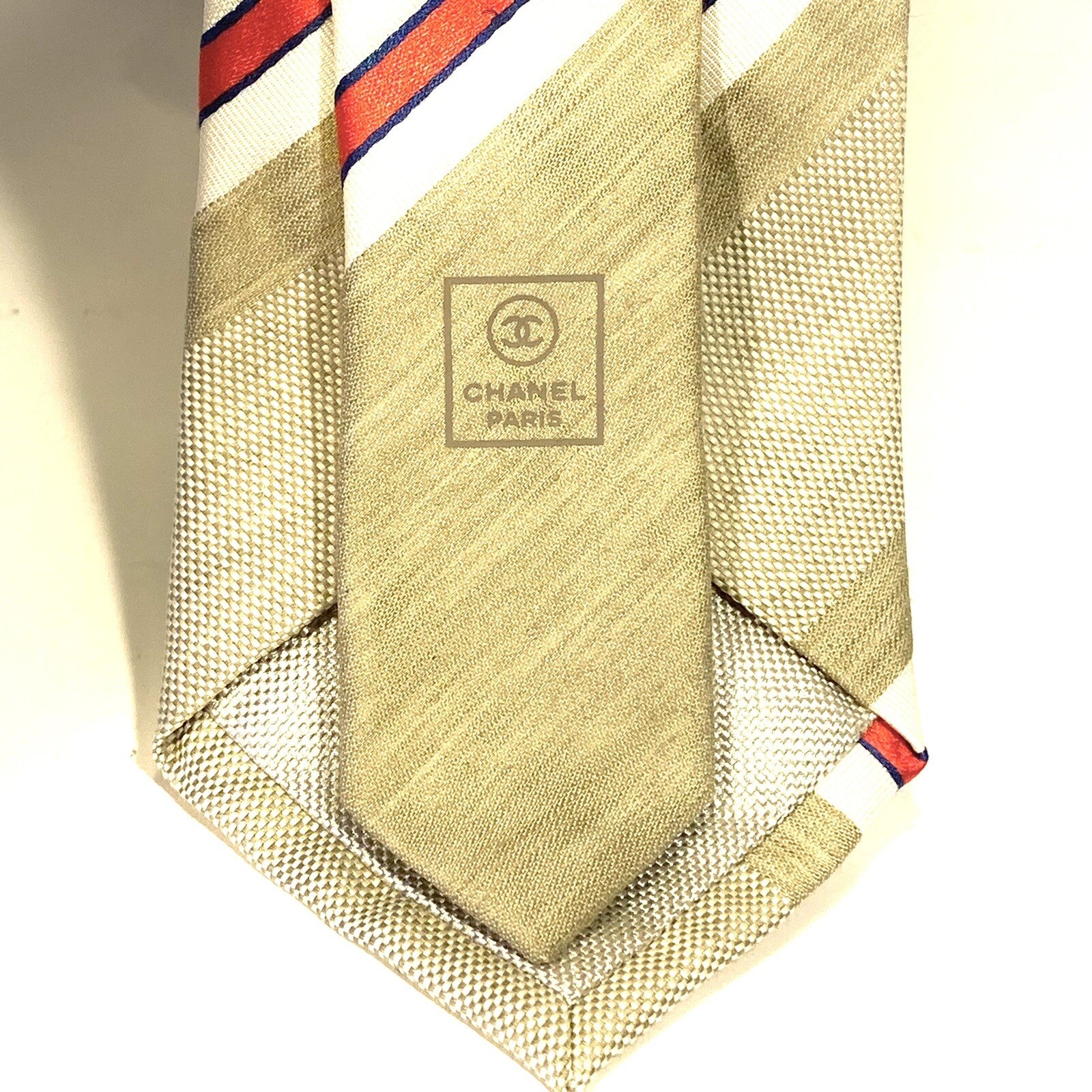 CHANEL Mens Striped Logo Silk Linen Monogram Tie Red White Beige (MSRP $210)