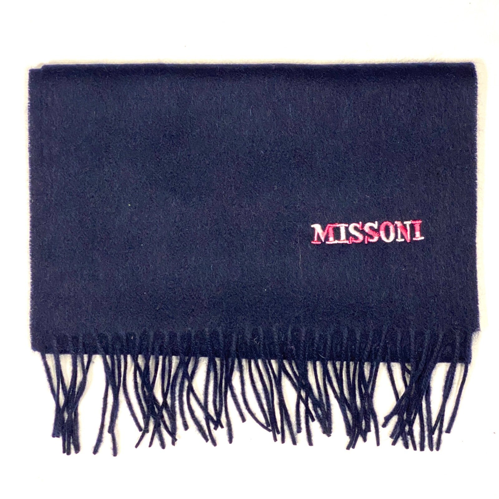 MISSONI Womens Wool Fringe Scarf Pink Logo Navy Blue Gray Fuchsia