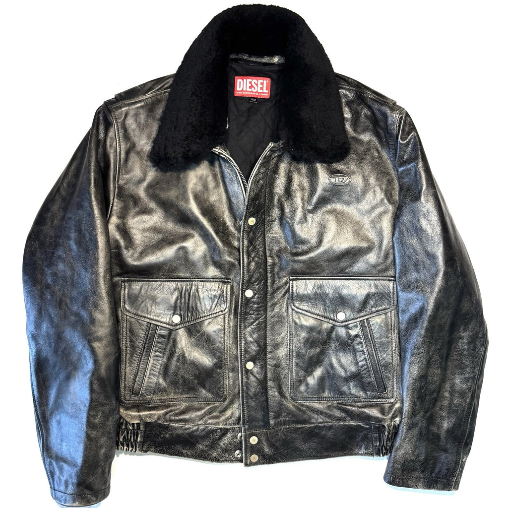 DIESEL Mens Muds Fur Collar Leather Bomber Jacket Black 54 (MSRP $1,295)
