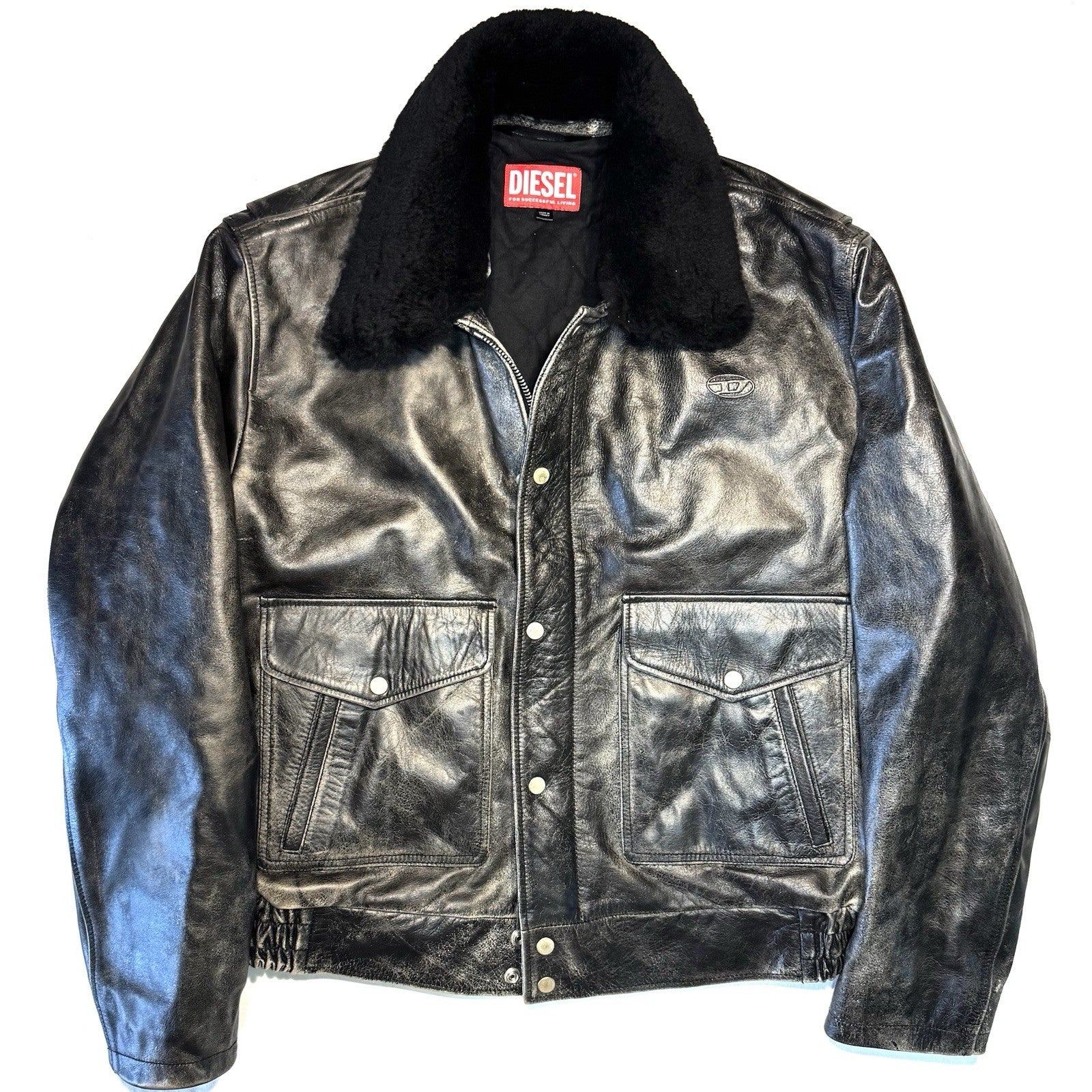 DIESEL Mens Muds Fur Collar Leather Bomber Jacket Black 54 (MSRP $1,295)