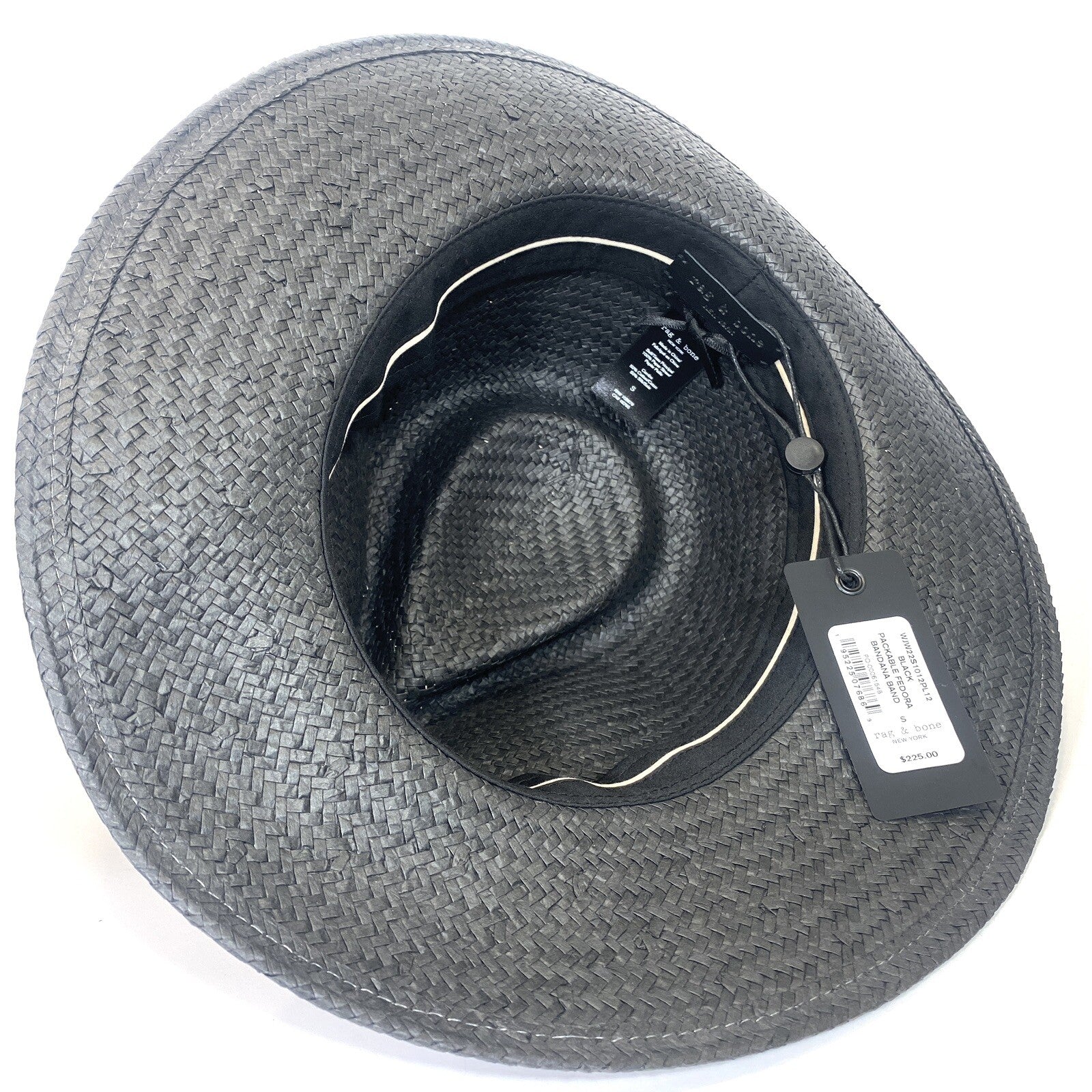 RAG & BONE Womens Packable Straw Fedora Bandana Hat Black (MSRP $225)