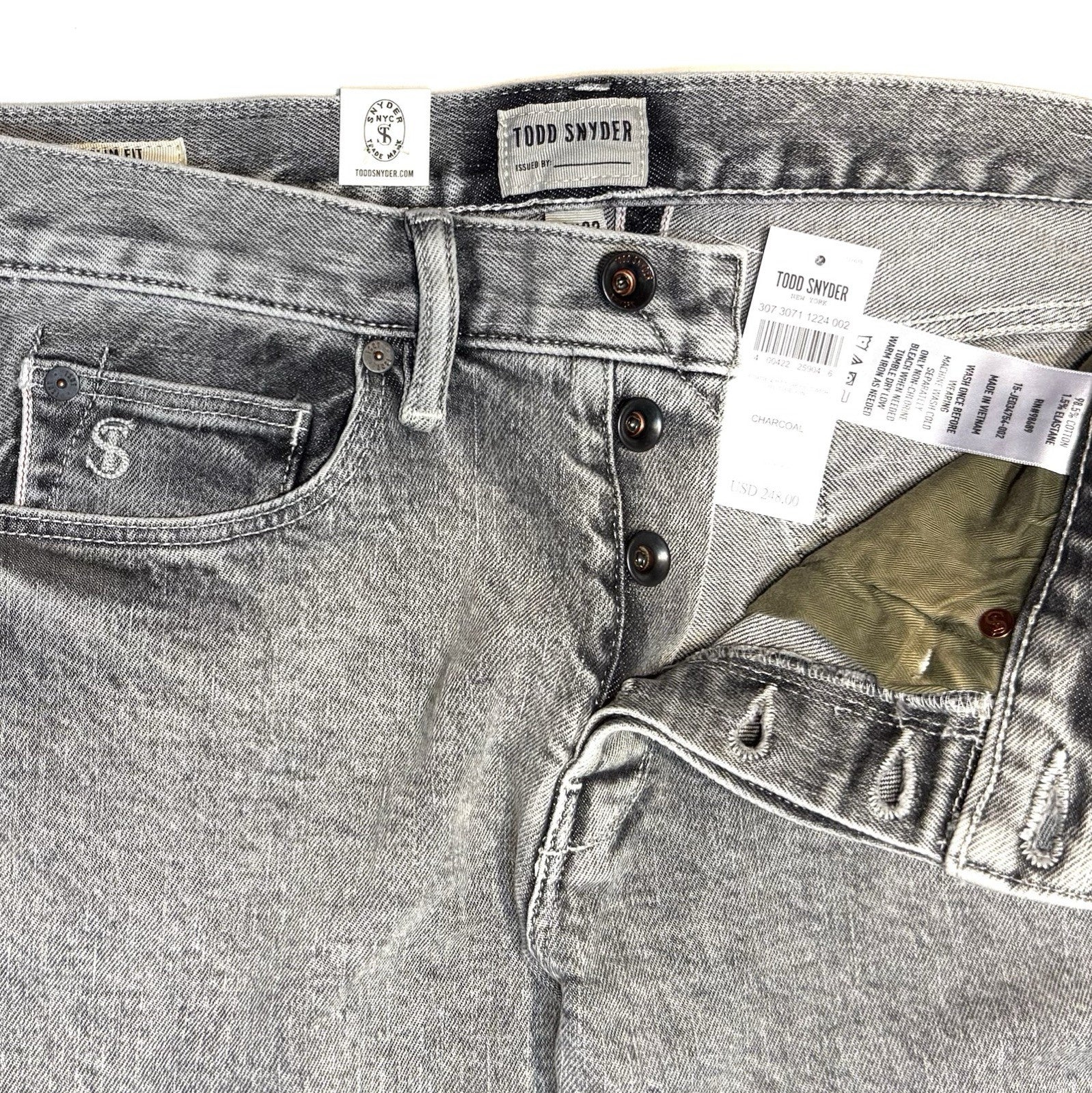 TODD SNYDER Mens Slim Fit Acid Wash Selvedge Denim Jeans Grey (MSRP $248)