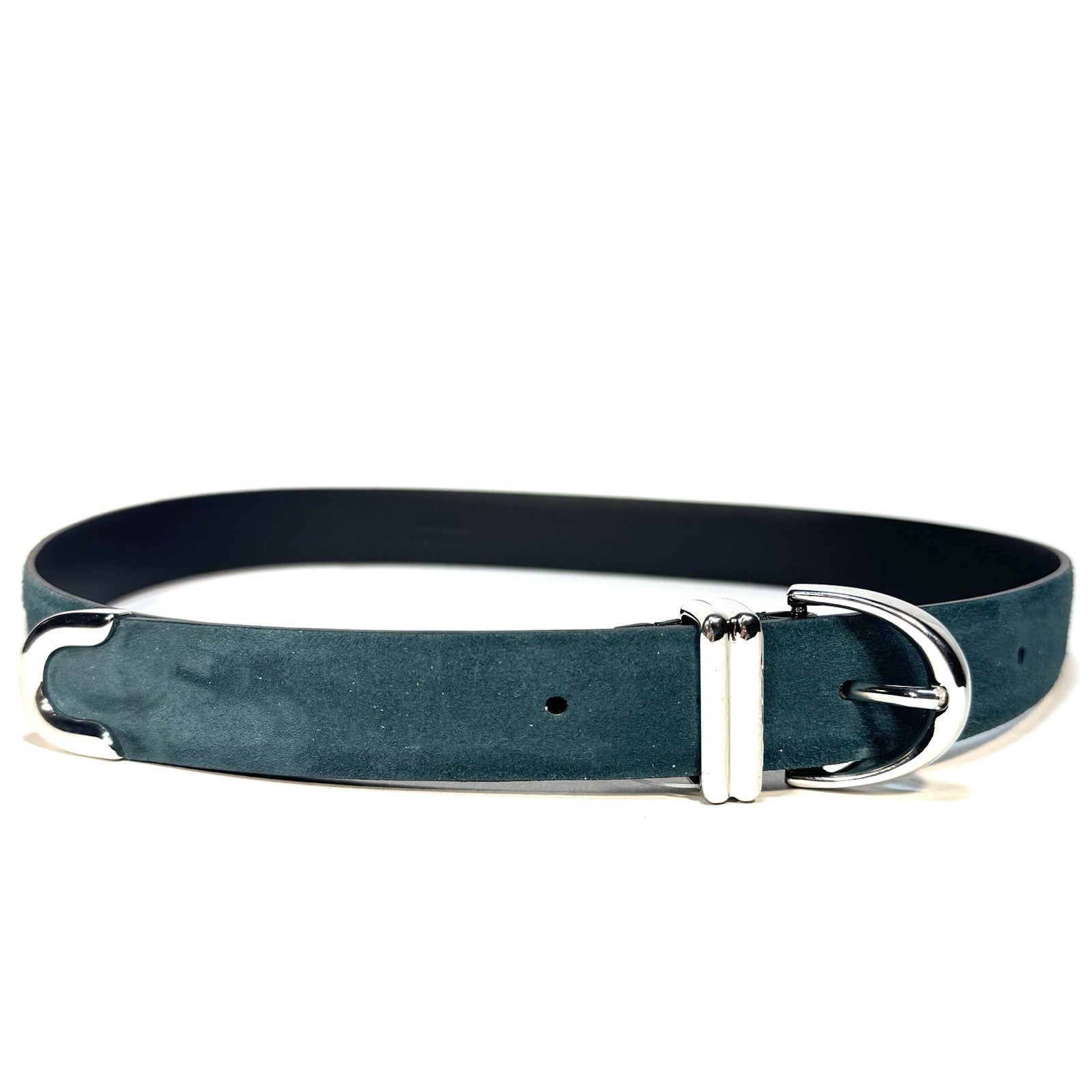 KHAITE Womens Bambi Suede Leather Silver Buckle Skinny Belt Green (MSRP $450)