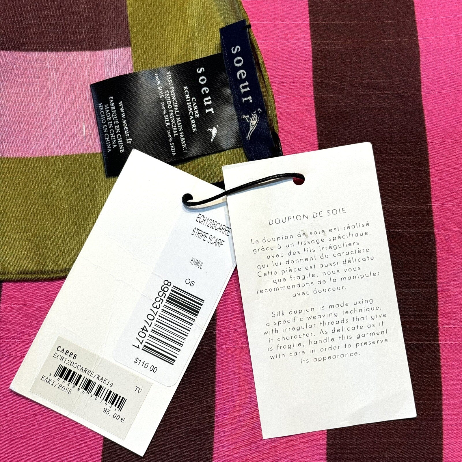 SOEUR x Veronica Beard Womens Striped Silk Square Scarf Pink (MSRP $110)