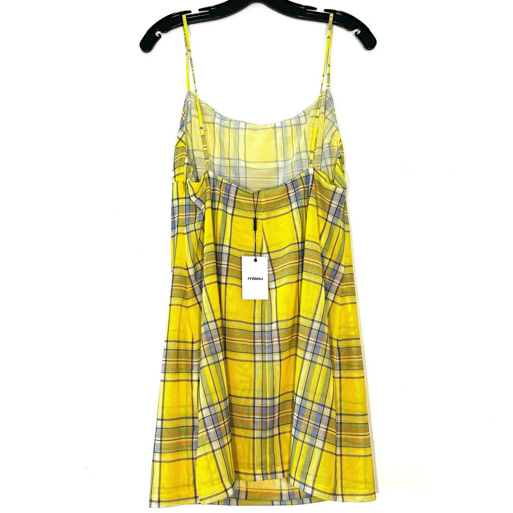 MIAOU Anya Mini Mesh Slip Dress Dion Plaid Print Yellow (MSRP $265)