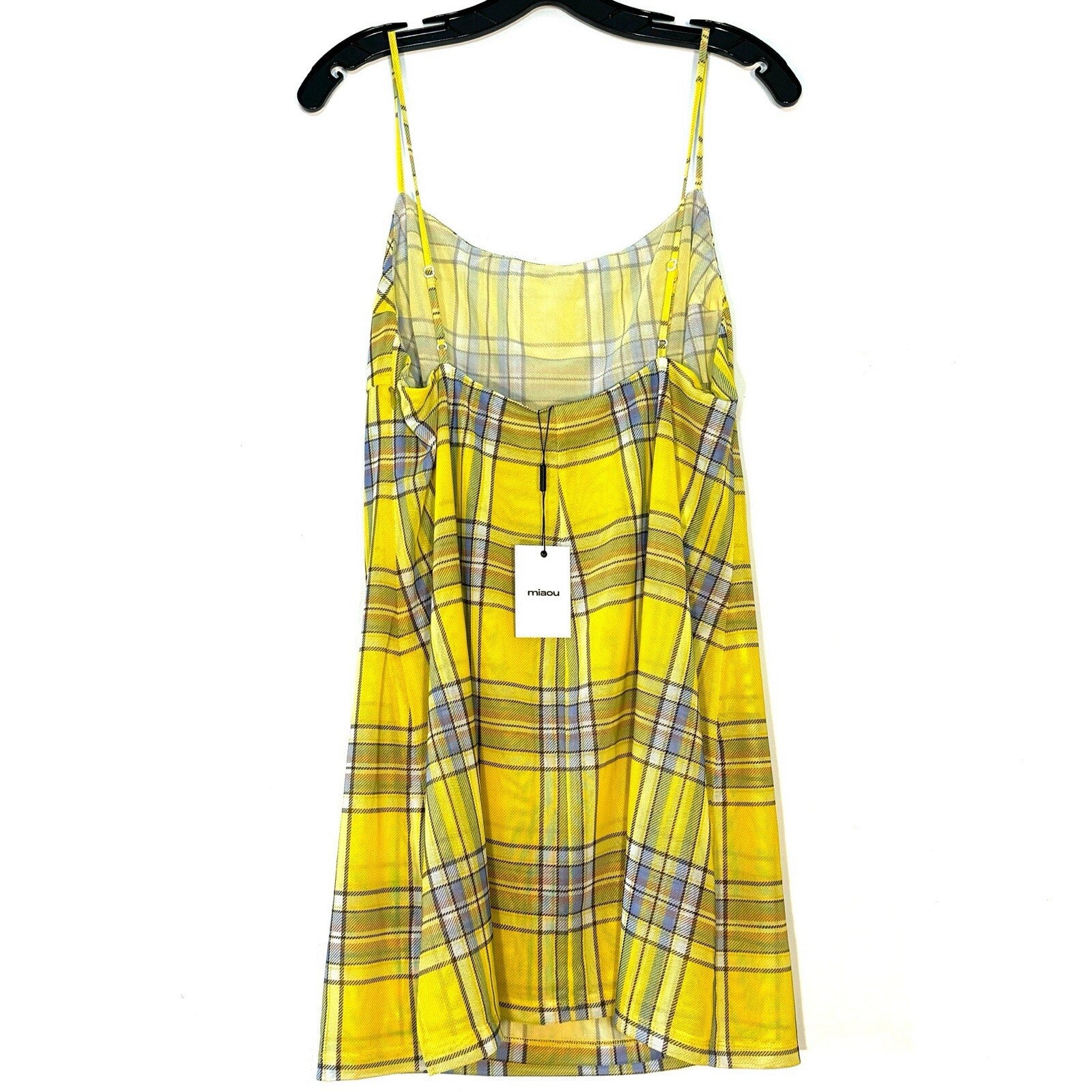 MIAOU Anya Mini Mesh Slip Dress Dion Plaid Print Yellow (MSRP $265)